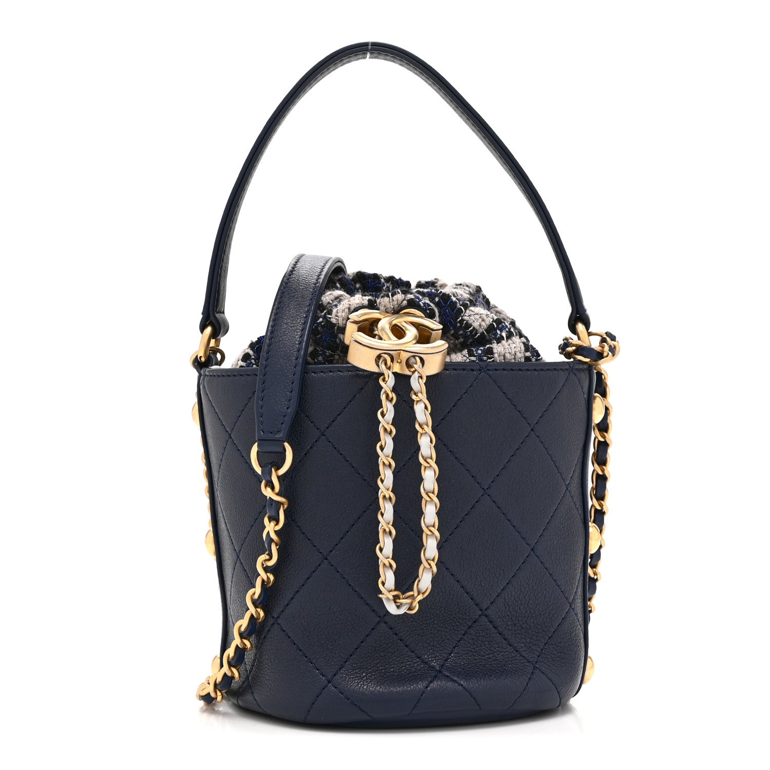 Calfskin Tweed Small CC Chain Bucket Drawstring Bag Navy Multicolor