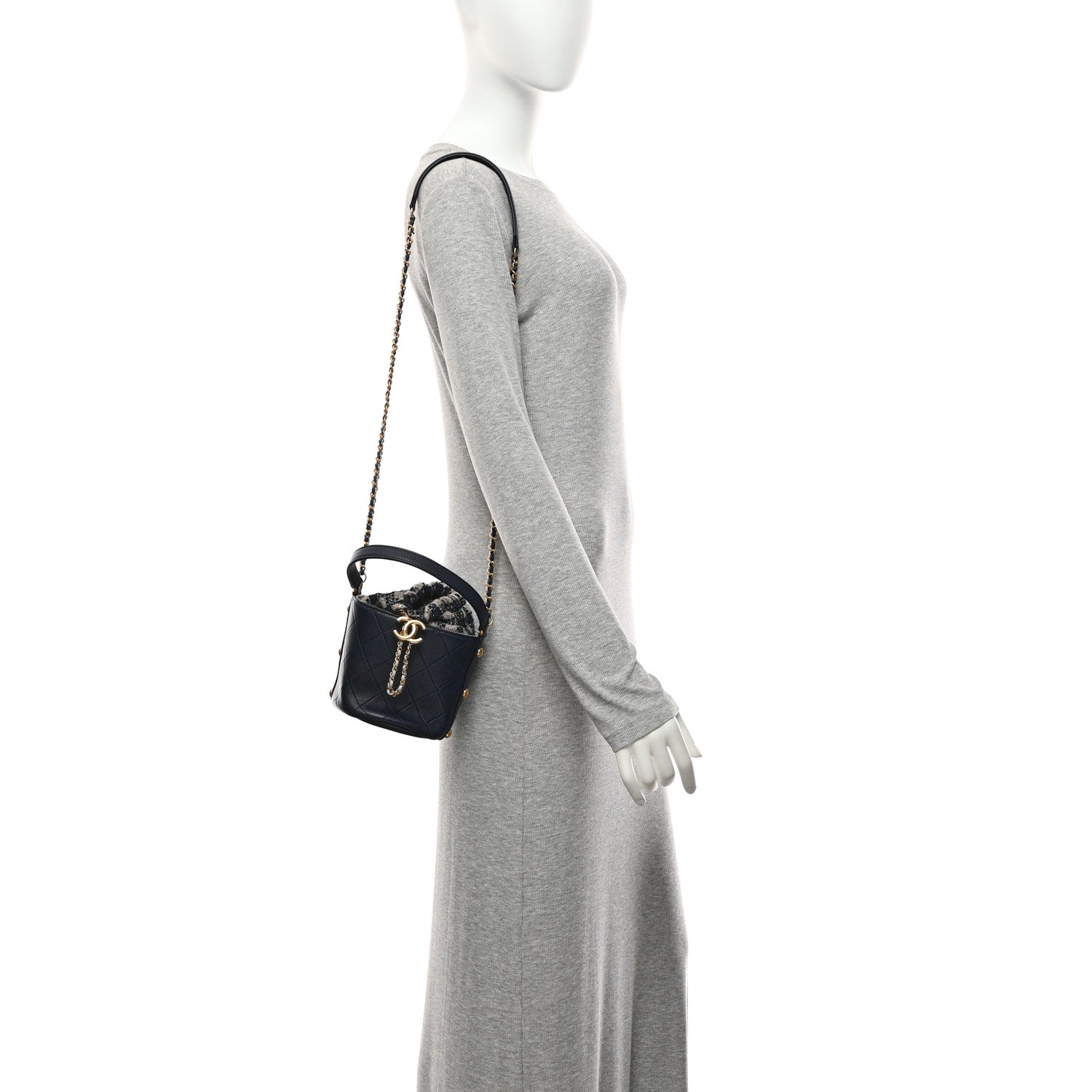 Calfskin Tweed Small CC Chain Bucket Drawstring Bag Navy Multicolor — view 2