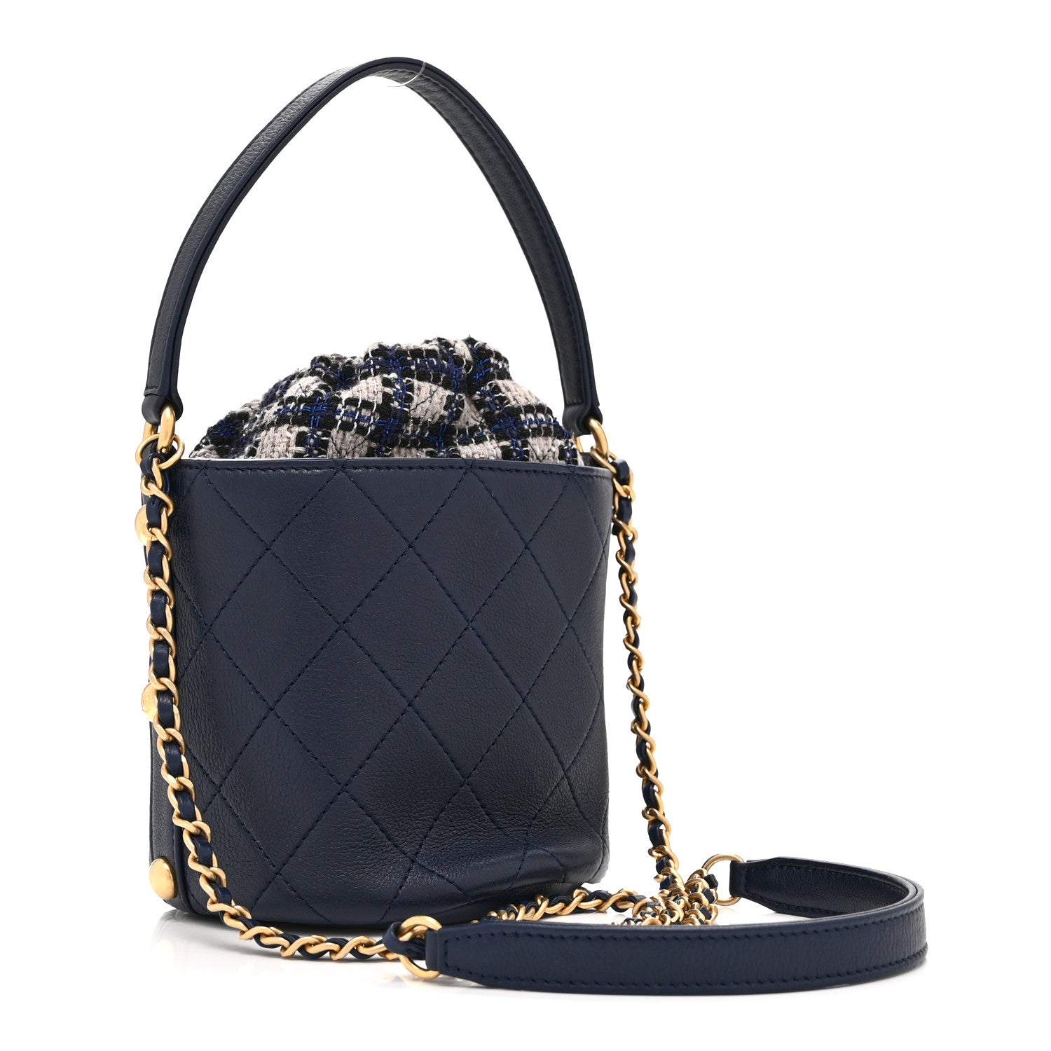 Calfskin Tweed Small CC Chain Bucket Drawstring Bag Navy Multicolor — view 3