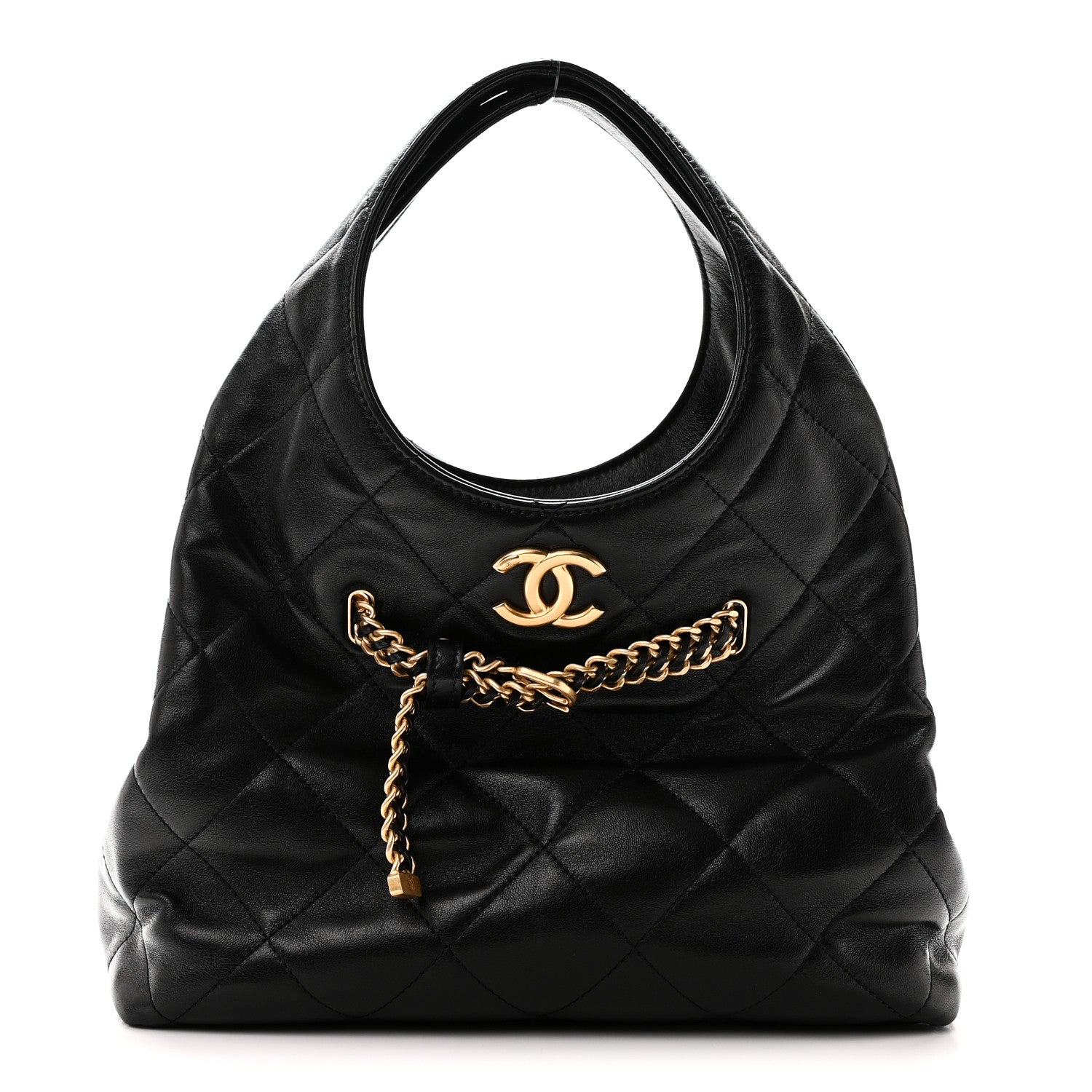 Shiny Lambskin Quilted CC Belt Shopping Bag Black