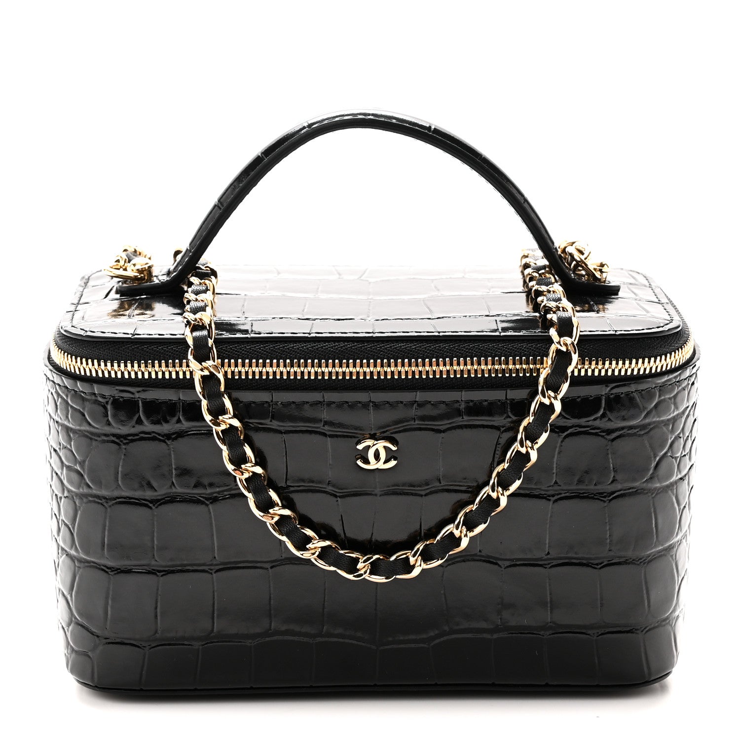 Calfskin Crocodile Embossed Crococo Small Top Handle Vanity Case With Chain Black — view 1