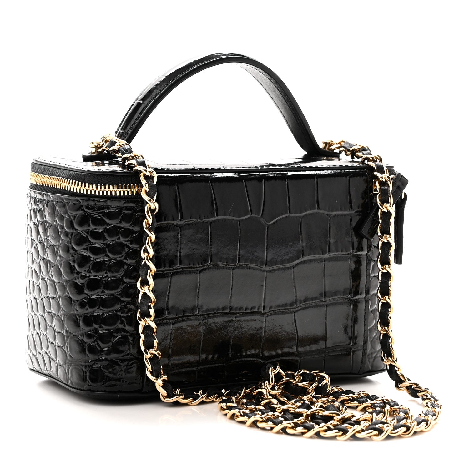 Calfskin Crocodile Embossed Crococo Small Top Handle Vanity Case With Chain Black — view 3