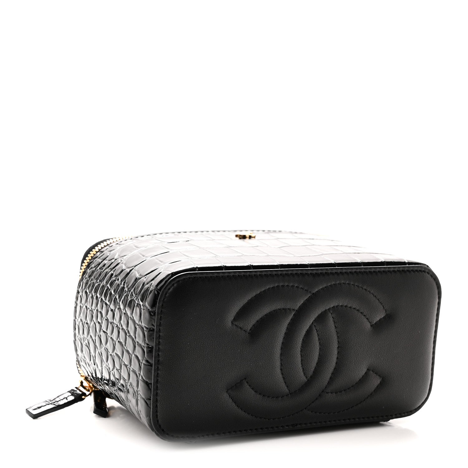 Calfskin Crocodile Embossed Crococo Small Top Handle Vanity Case With Chain Black — view 4