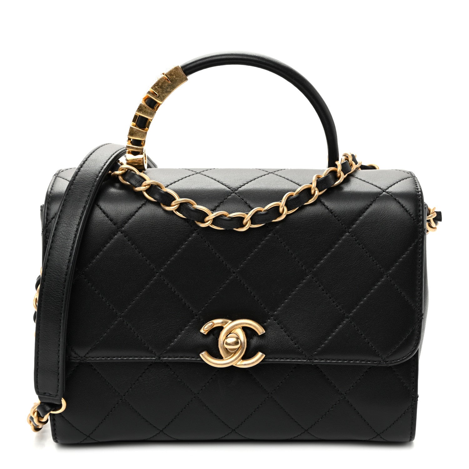 Lambskin Stitched Pearl Logo Top Handle Flap Black