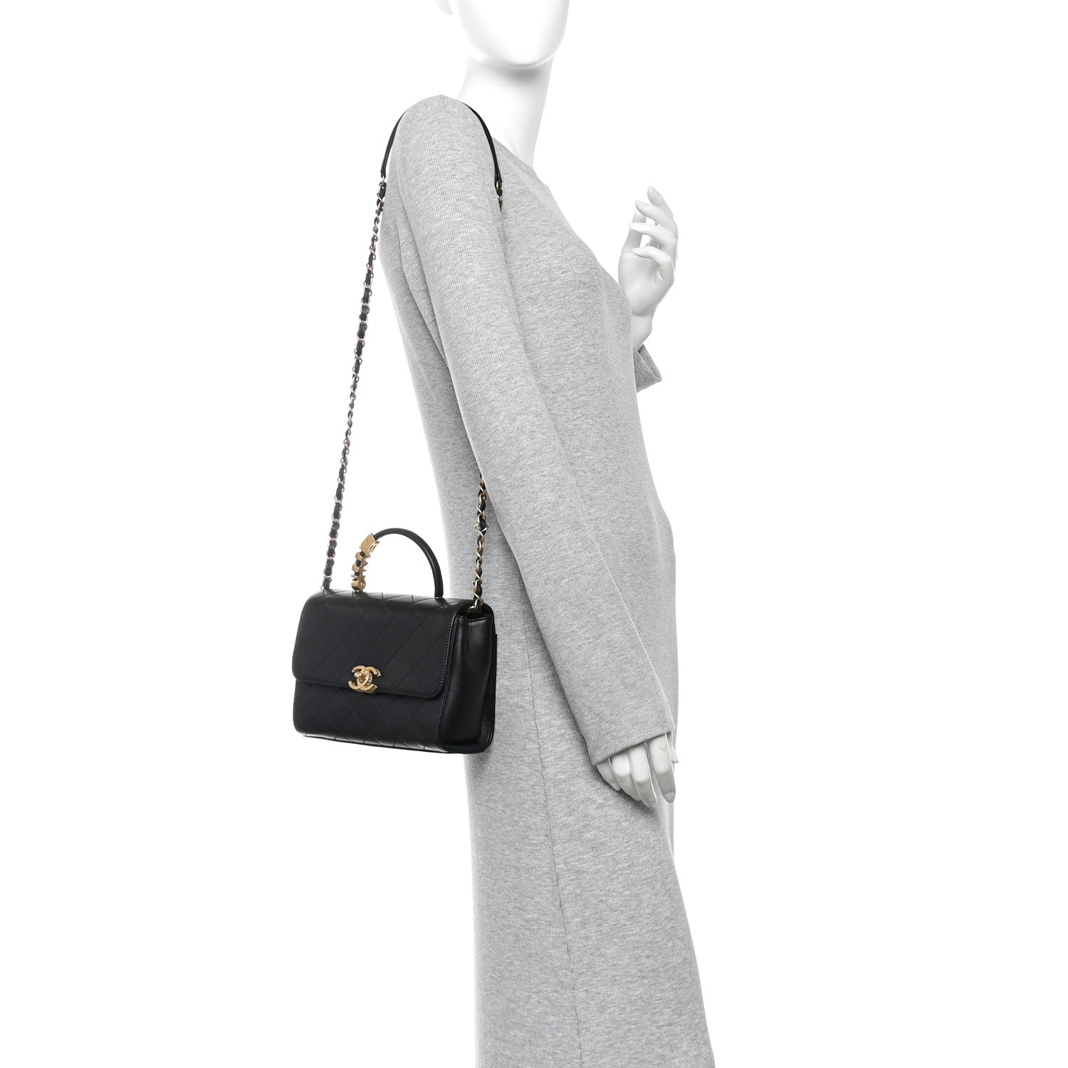 Lambskin Stitched Pearl Logo Top Handle Flap Black — view 2
