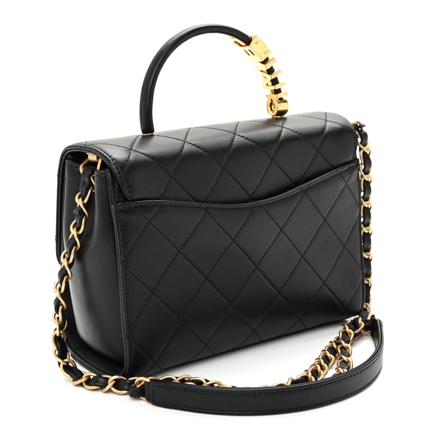 Lambskin Stitched Pearl Logo Top Handle Flap Black — view 3