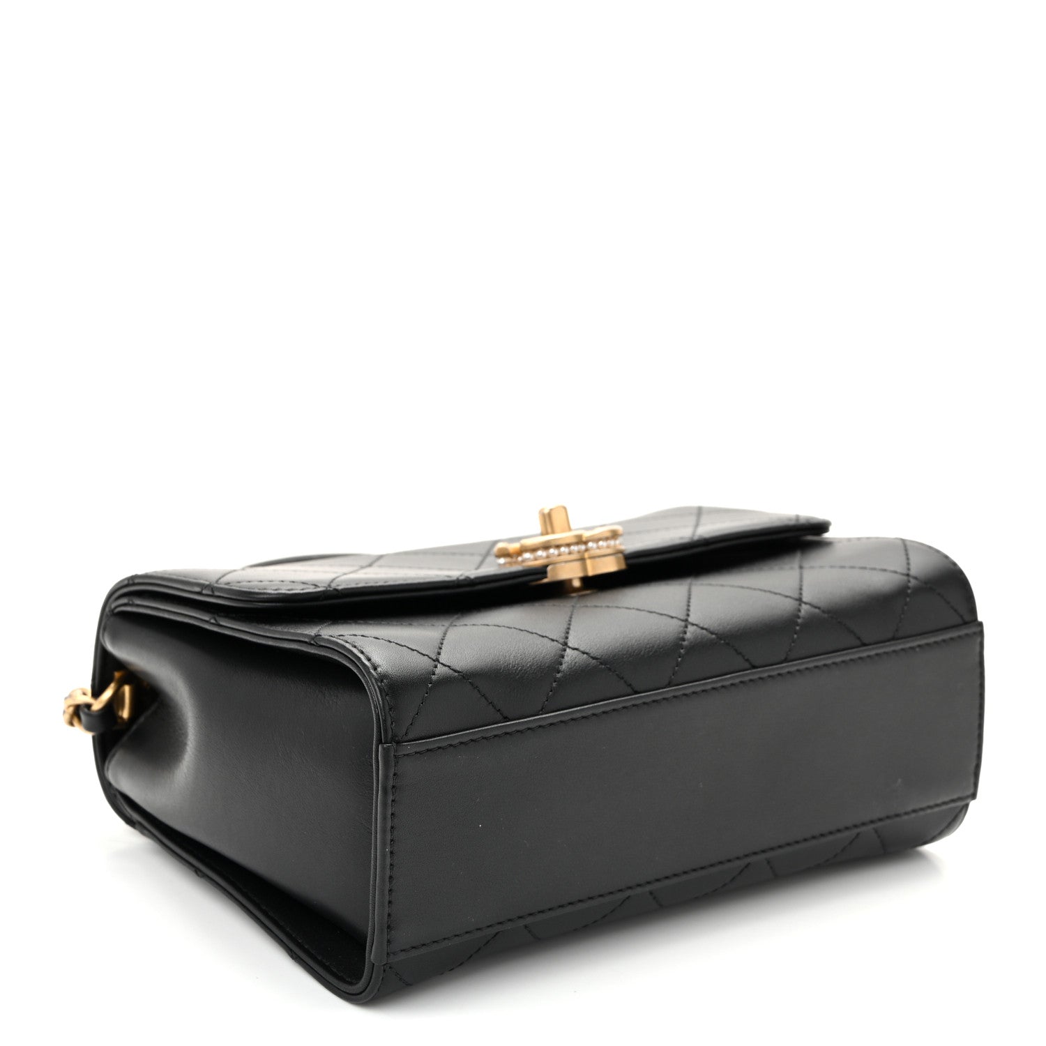 Lambskin Stitched Pearl Logo Top Handle Flap Black — view 4