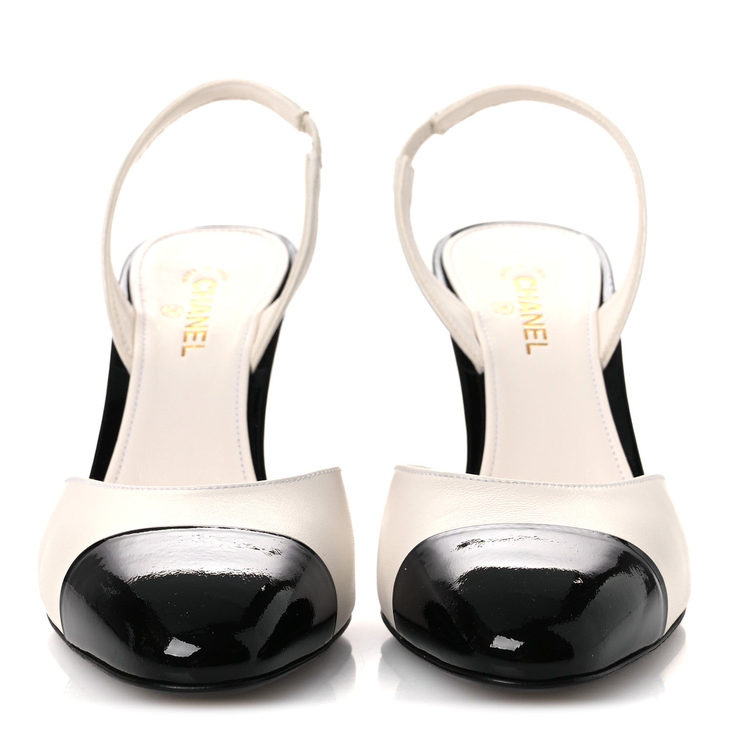 Lambskin Patent Cap Toe CC Apple Slingback Pumps 38 Gold Black — view 3