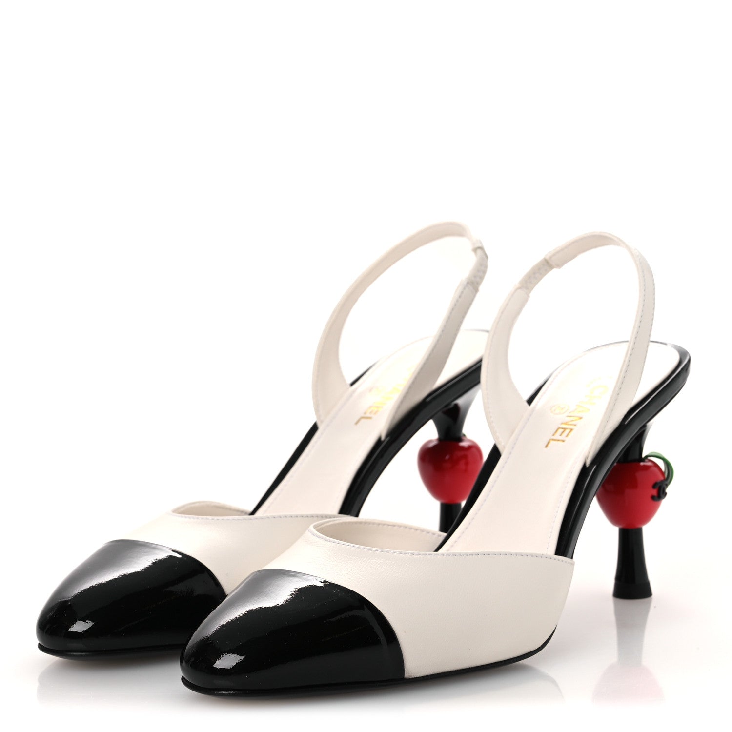 Lambskin Patent Cap Toe CC Apple Slingback Pumps 38 Gold Black — view 4