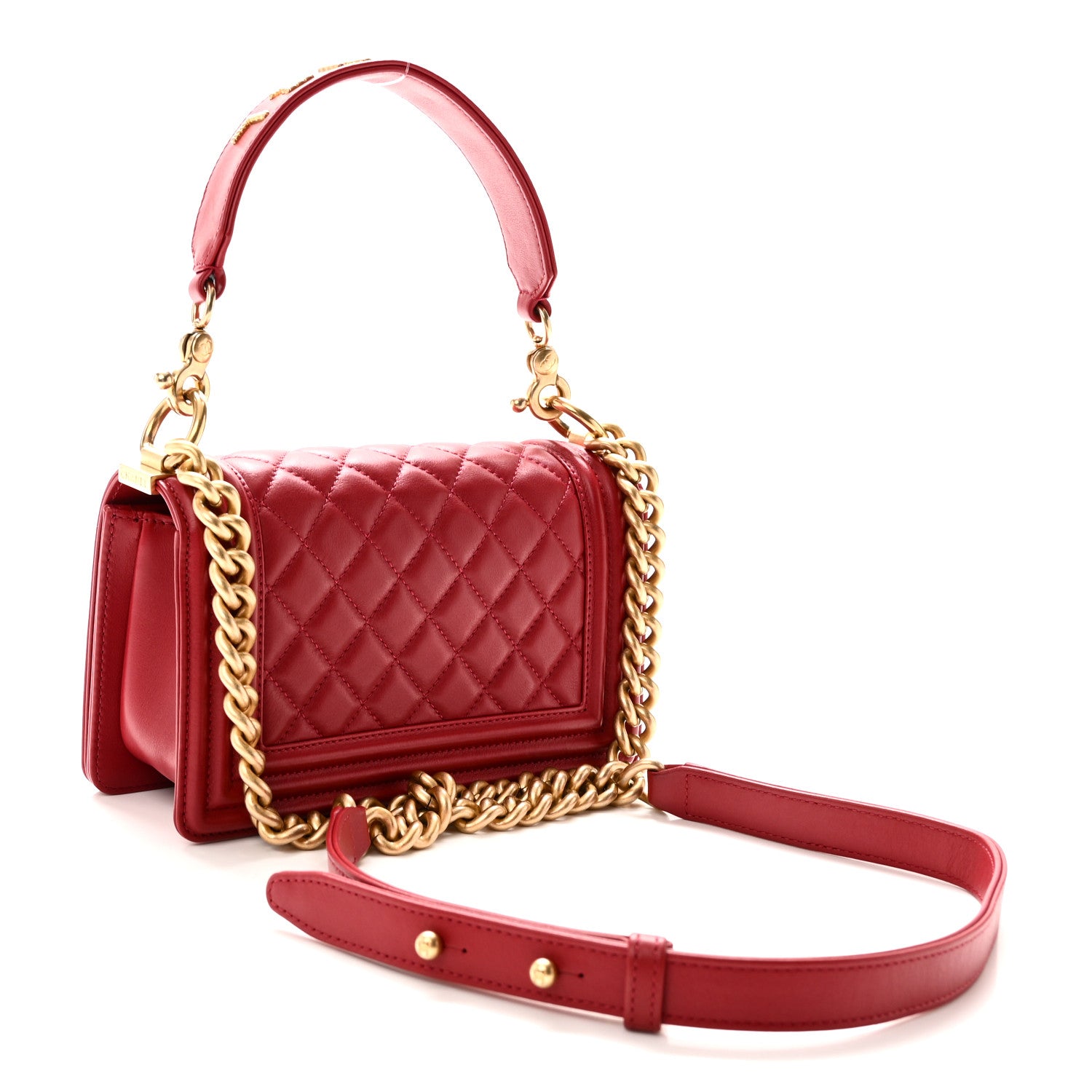 Calfskin Quilted Small Boy Logo Top Handle Flap Red — view 3