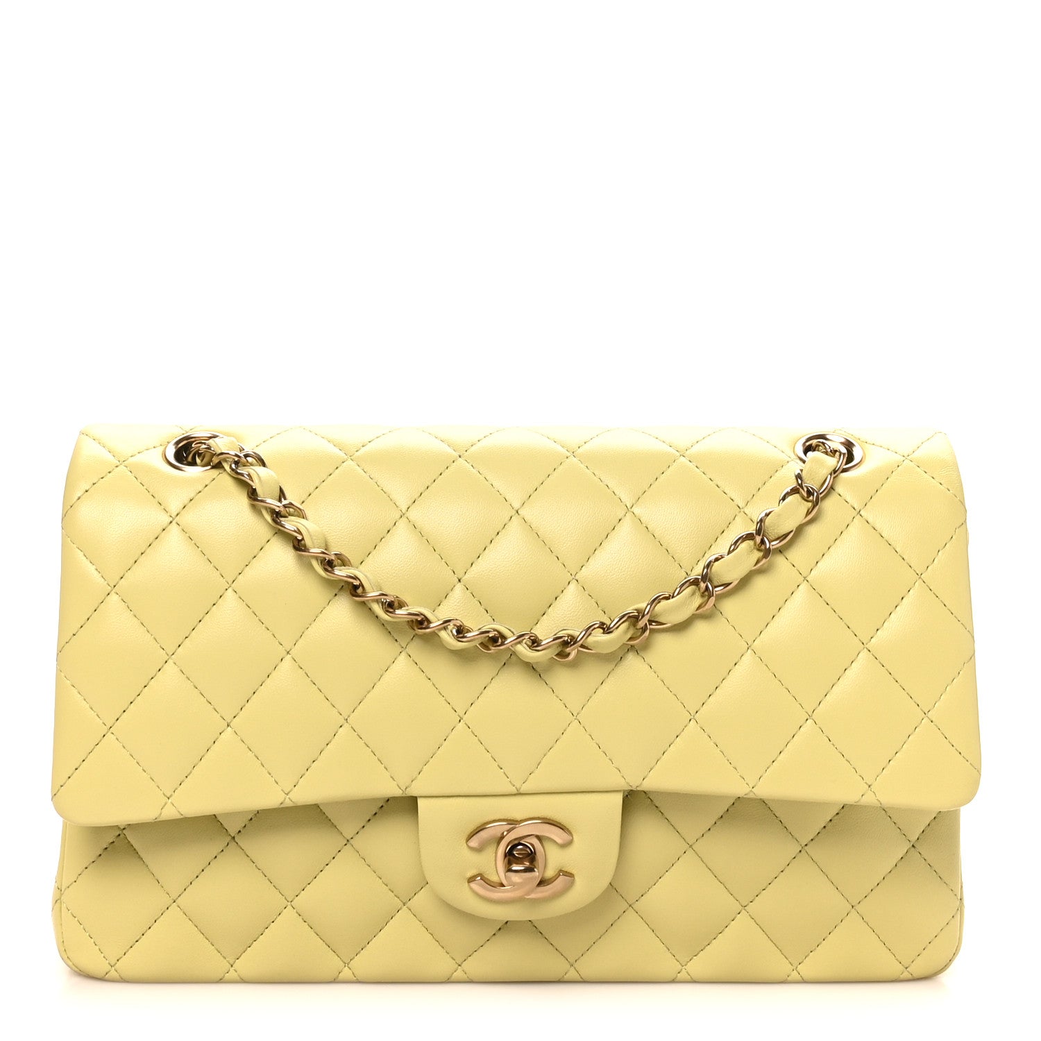 Lambskin Quilted Medium Double Flap Yellow