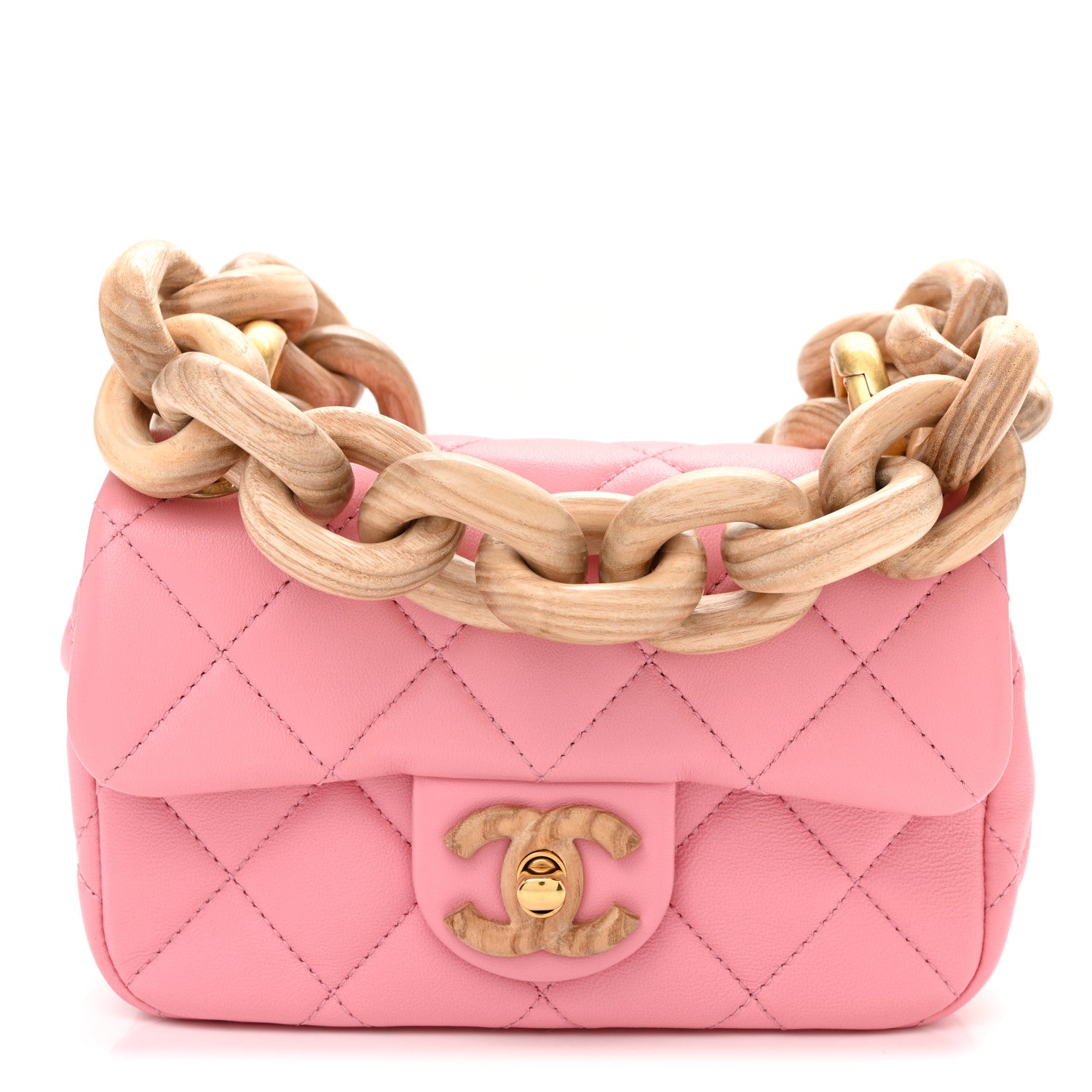 Lambskin Wenge Quilted Mini Fashion Wood Square Flap Pink