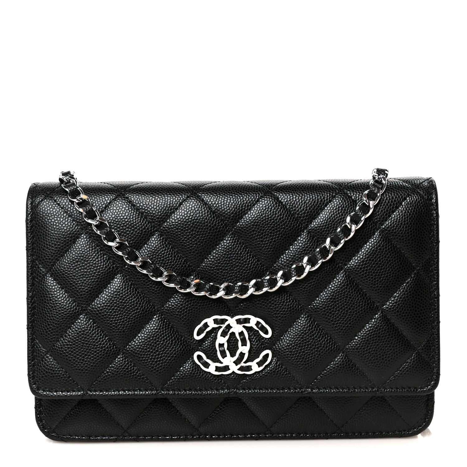 Caviar Quilted Chanel 19 Wallet On Chain WOC Black White