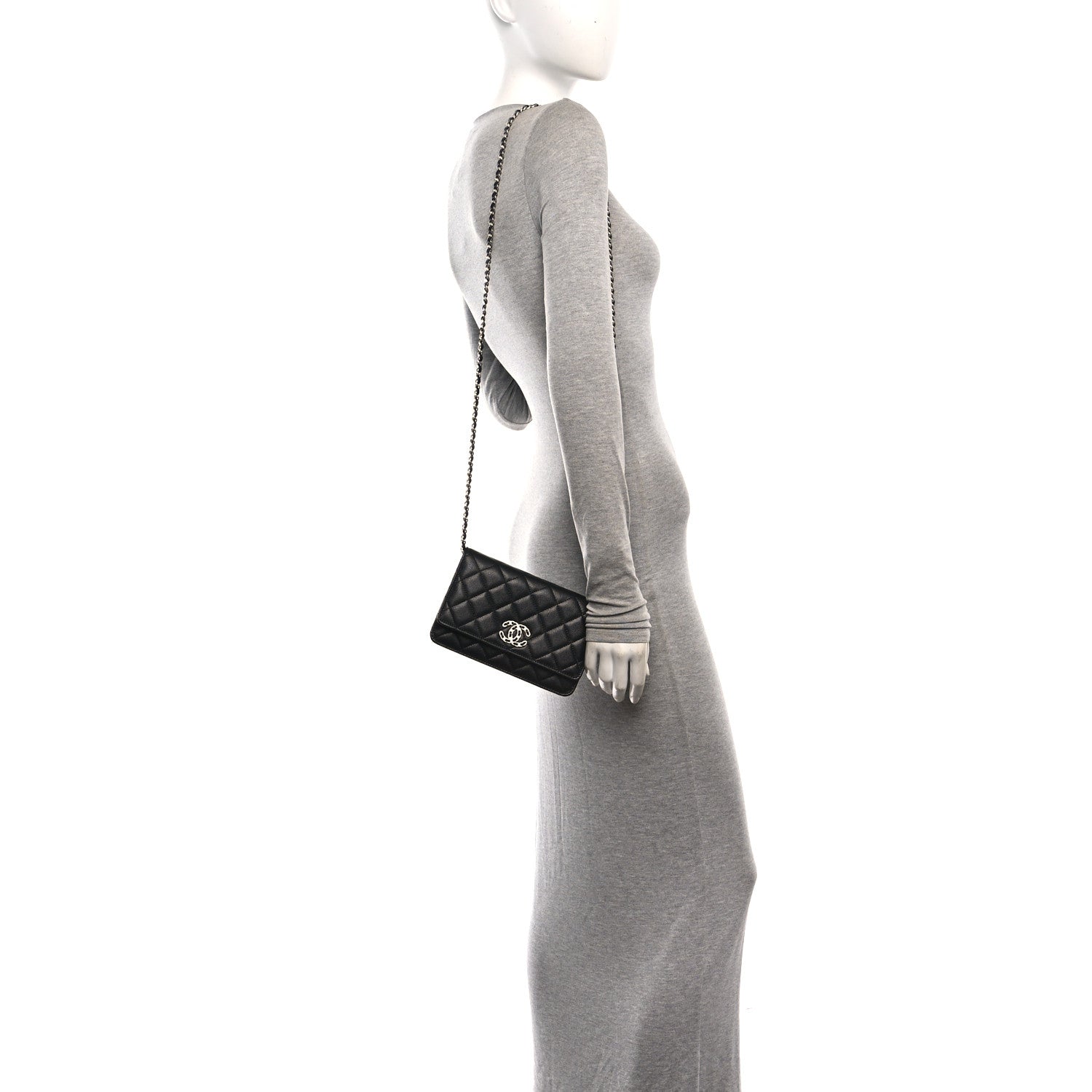 Caviar Quilted Chanel 19 Wallet On Chain WOC Black White — view 2