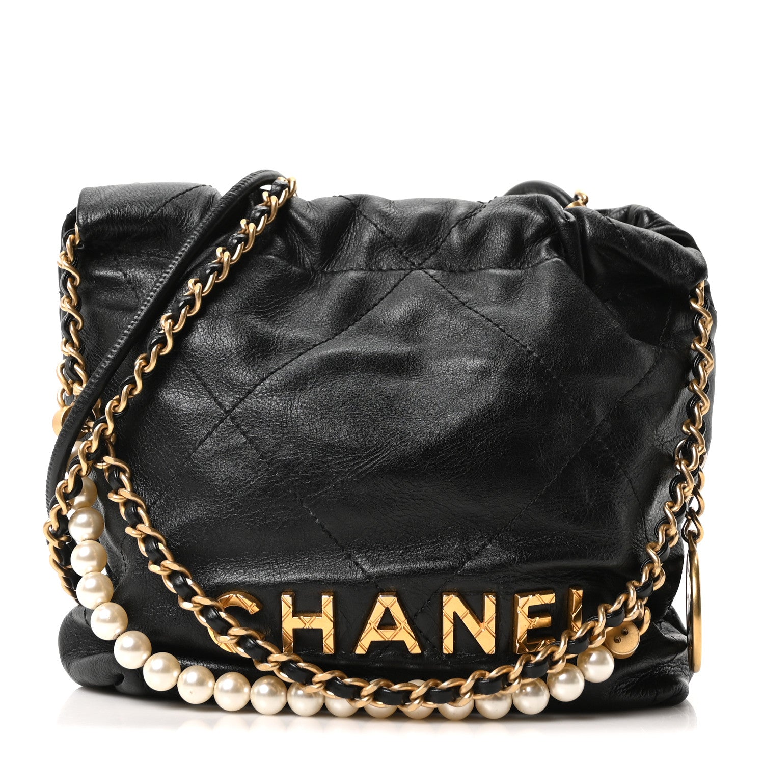 Shiny Crumpled Calfskin Quilted Pearl Mini Chanel 22 Black