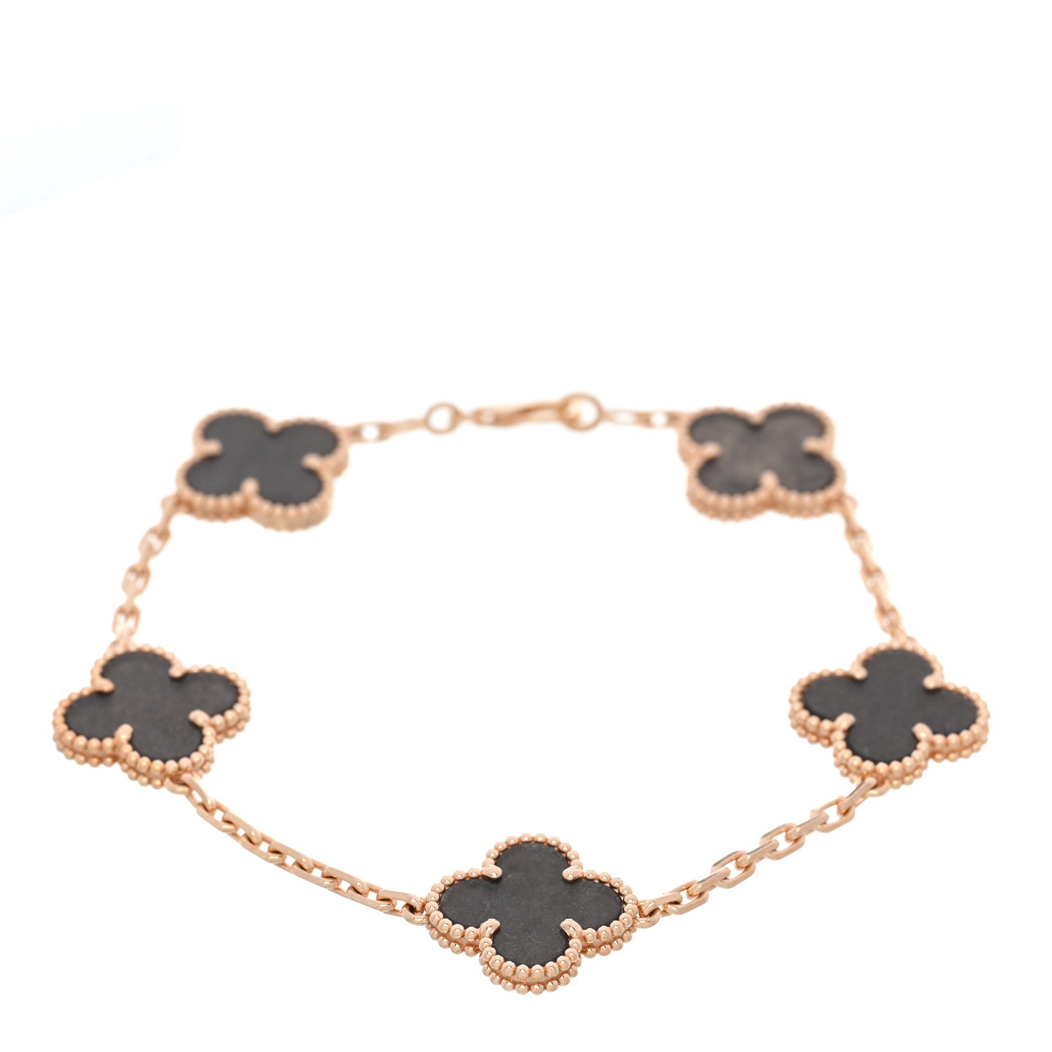 18K Rose Gold Silver Obsidian 5 Motifs Vintage Alhambra Bracelet