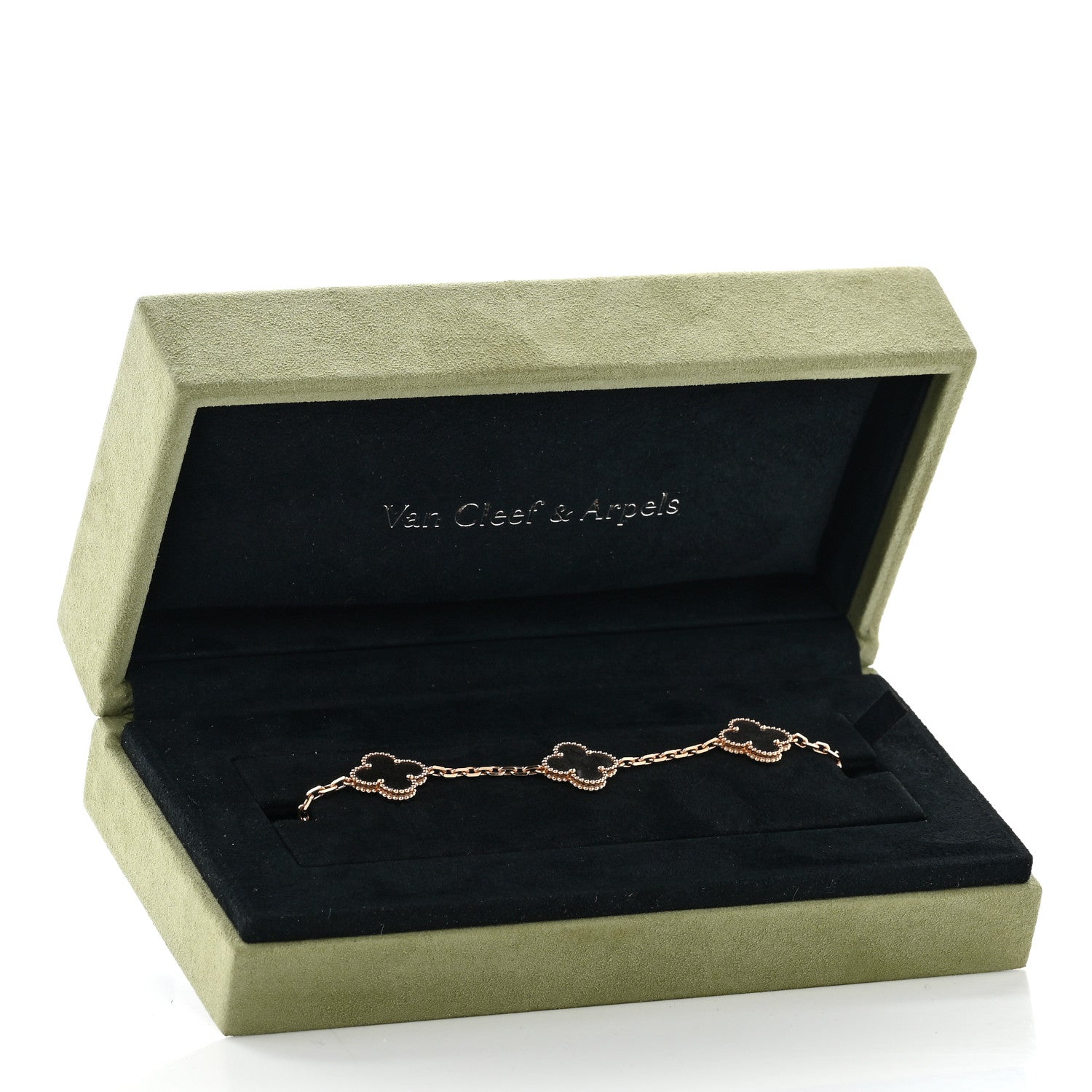 18K Rose Gold Silver Obsidian 5 Motifs Vintage Alhambra Bracelet — view 5