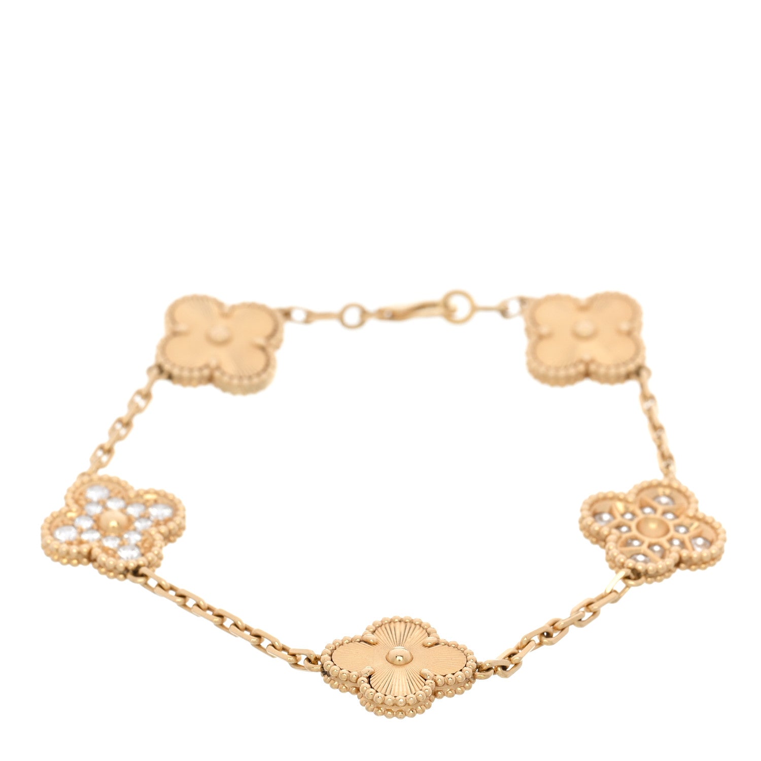 18K Yellow Gold Diamond 5 Motifs Guilloche Vintage Alhambra Bracelet