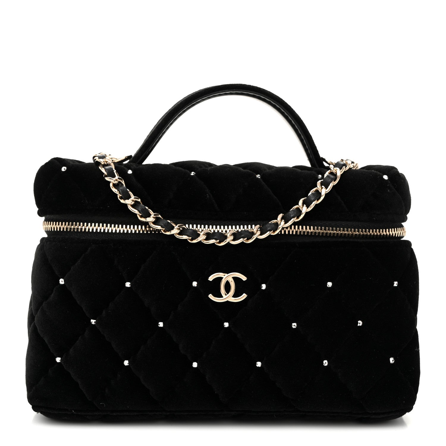 Velvet Diamanté Quilted Top Handle Slim Vanity Case With Chain Black