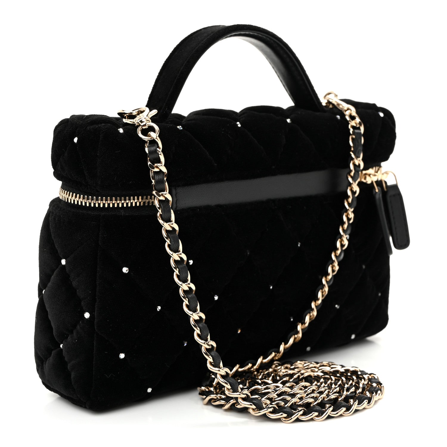Velvet Diamanté Quilted Top Handle Slim Vanity Case With Chain Black — view 3