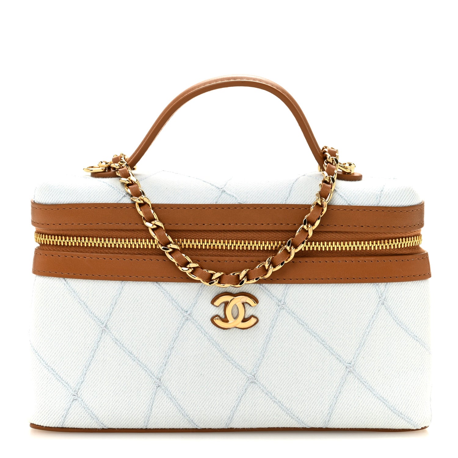 Washed Denim Calfskin Quilted Top Handle Slim Vanity Case With Chain Blue Brown Blue Brown