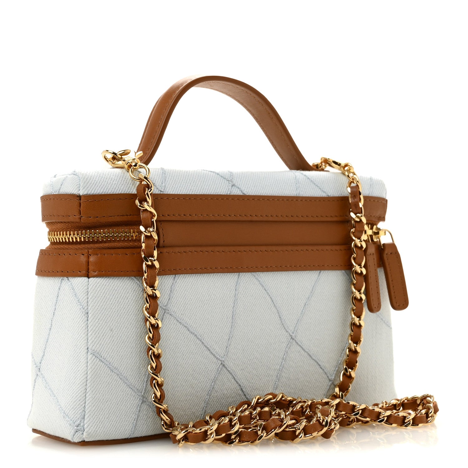 Washed Denim Calfskin Quilted Top Handle Slim Vanity Case With Chain Blue Brown Blue Brown — view 3