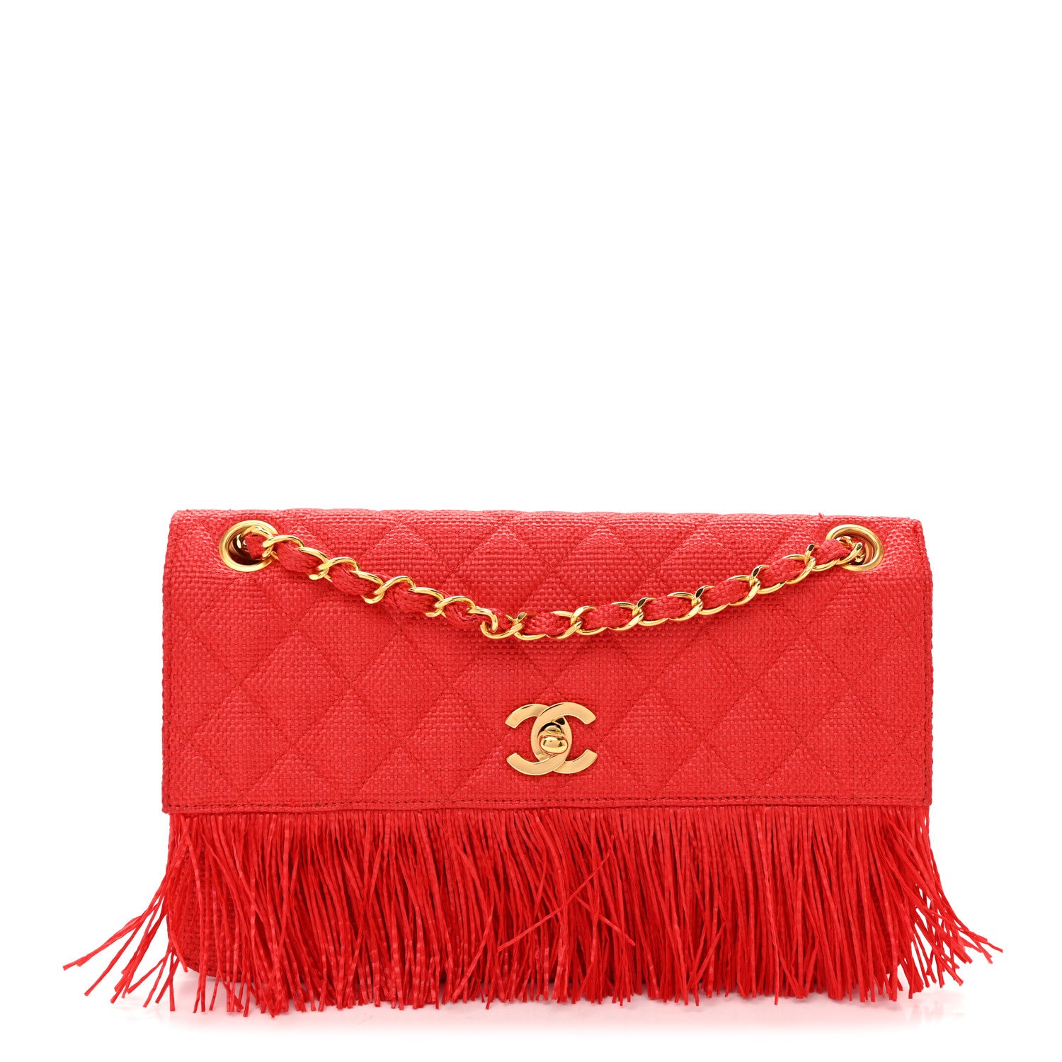 Woven Raffia Quilted CC Fringe Flap Red