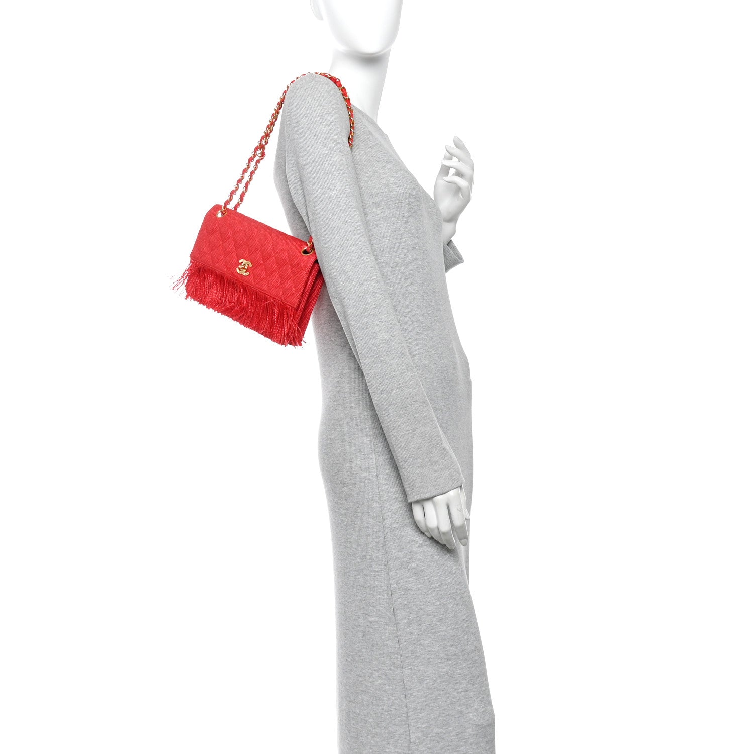 Woven Raffia Quilted CC Fringe Flap Red — view 2