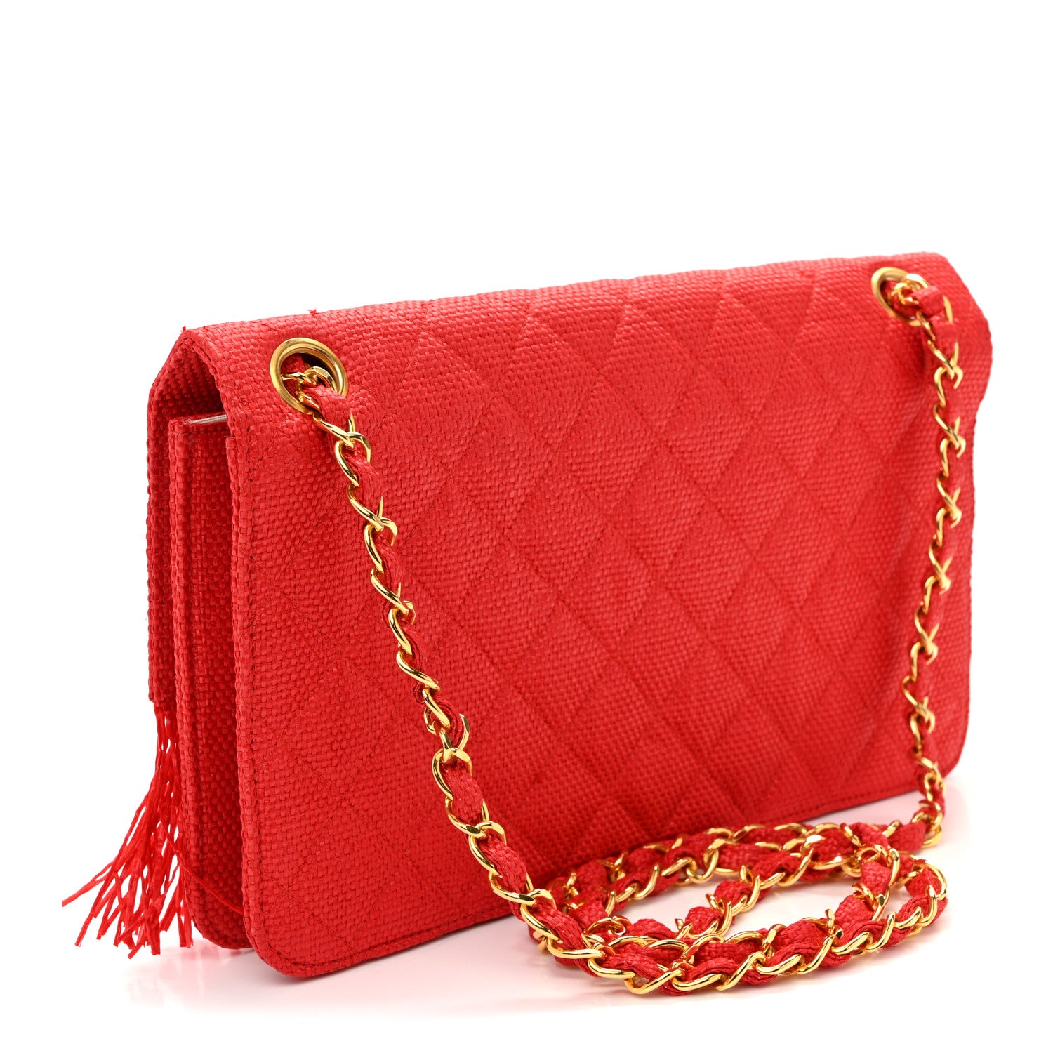 Woven Raffia Quilted CC Fringe Flap Red — view 3