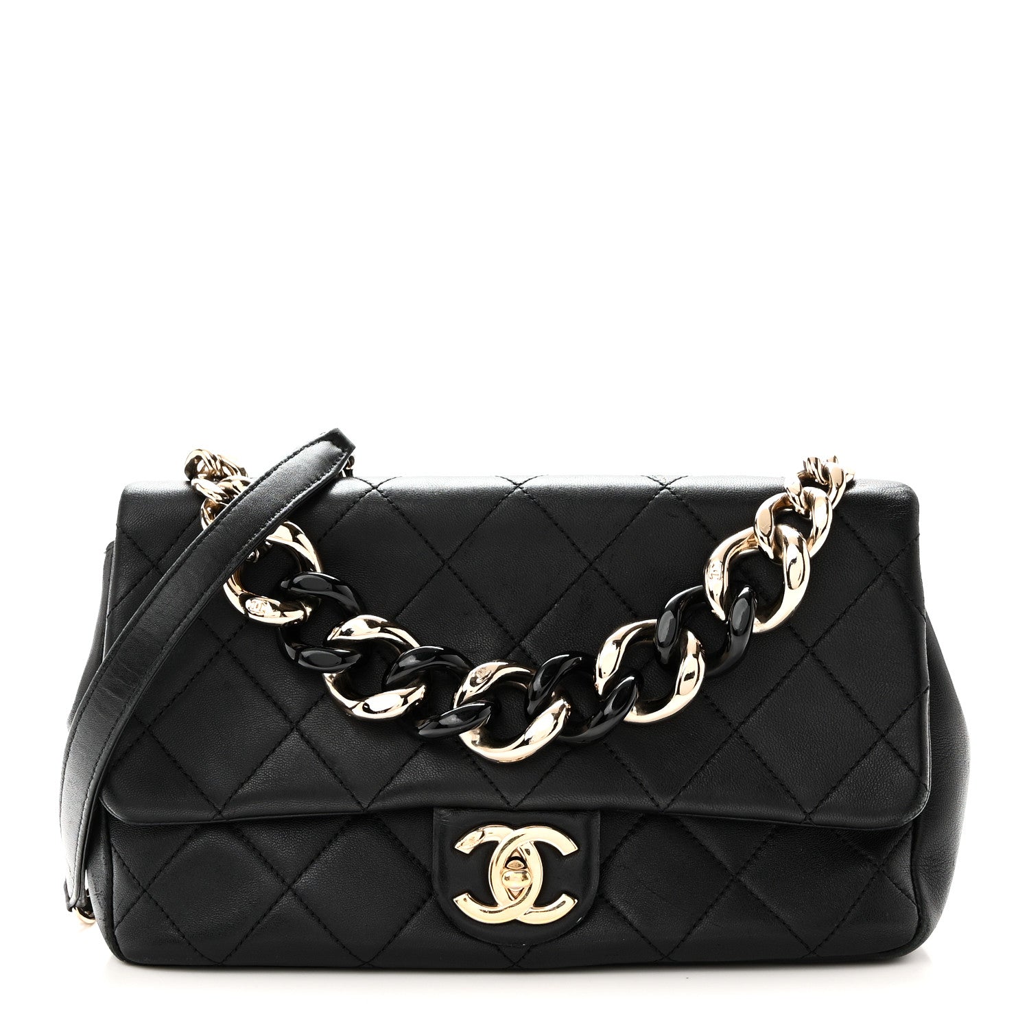 Lambskin Quilted Resin Bi-Color Chain Flap Bag Black