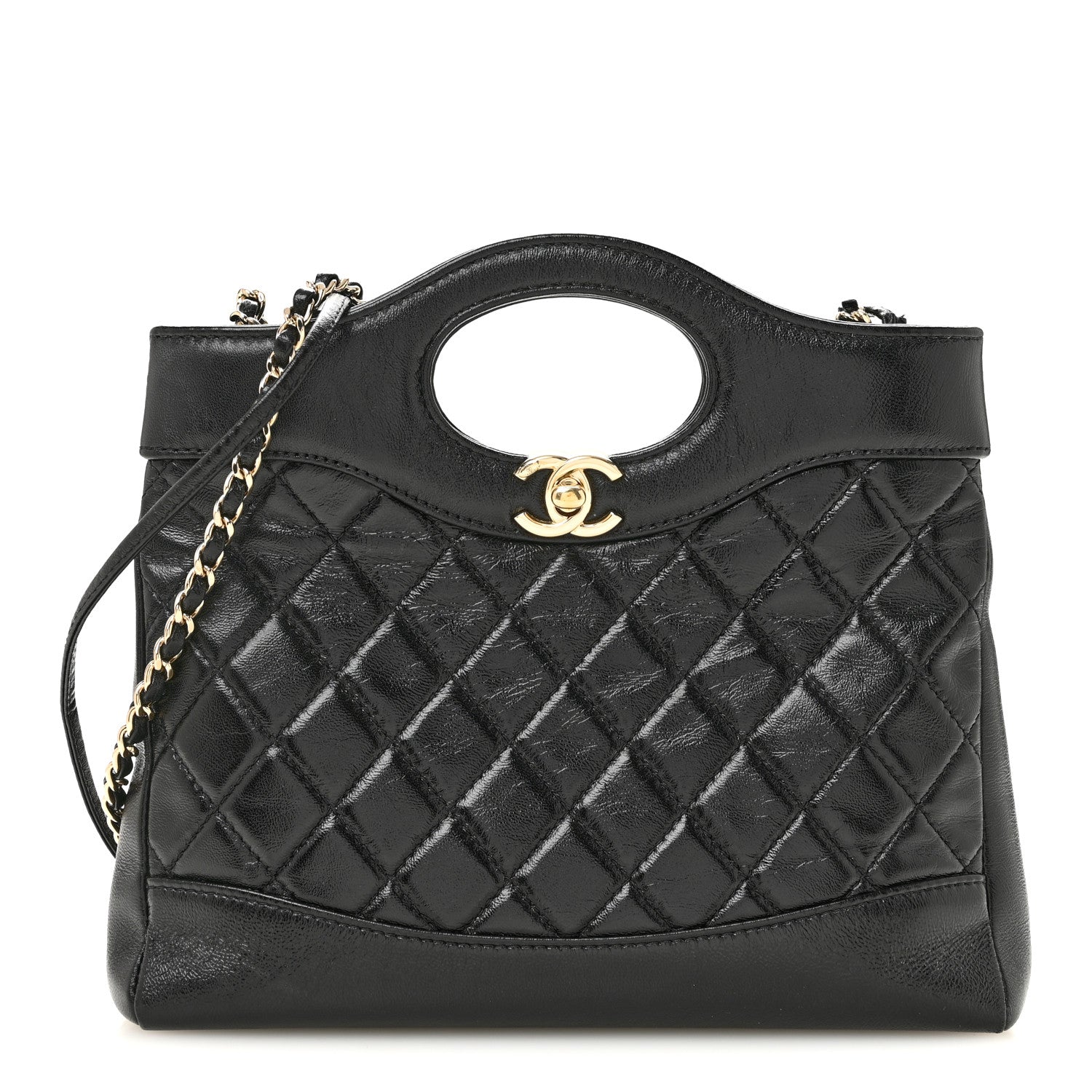 Shiny Crumpled Calfskin Quilted Mini 31 Shopping Bag Black
