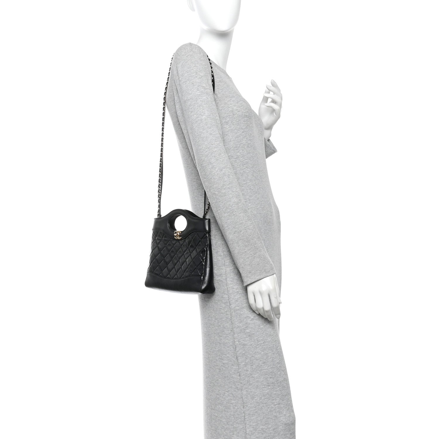 Shiny Crumpled Calfskin Quilted Mini 31 Shopping Bag Black — view 2