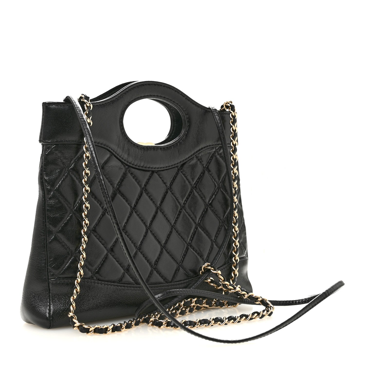 Shiny Crumpled Calfskin Quilted Mini 31 Shopping Bag Black — view 3