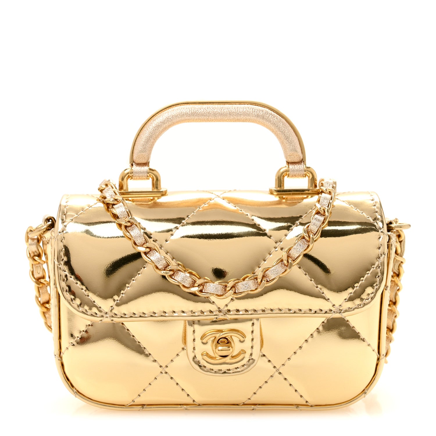 Mirror Metallic Calfskin Quilted Mini Top Handle Flap Gold