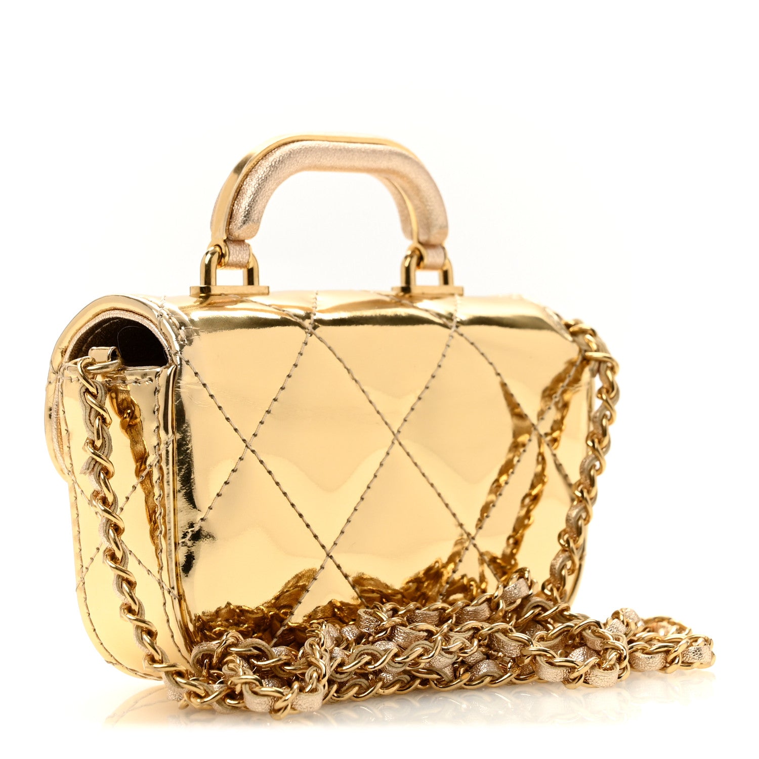 Mirror Metallic Calfskin Quilted Mini Top Handle Flap Gold — view 3