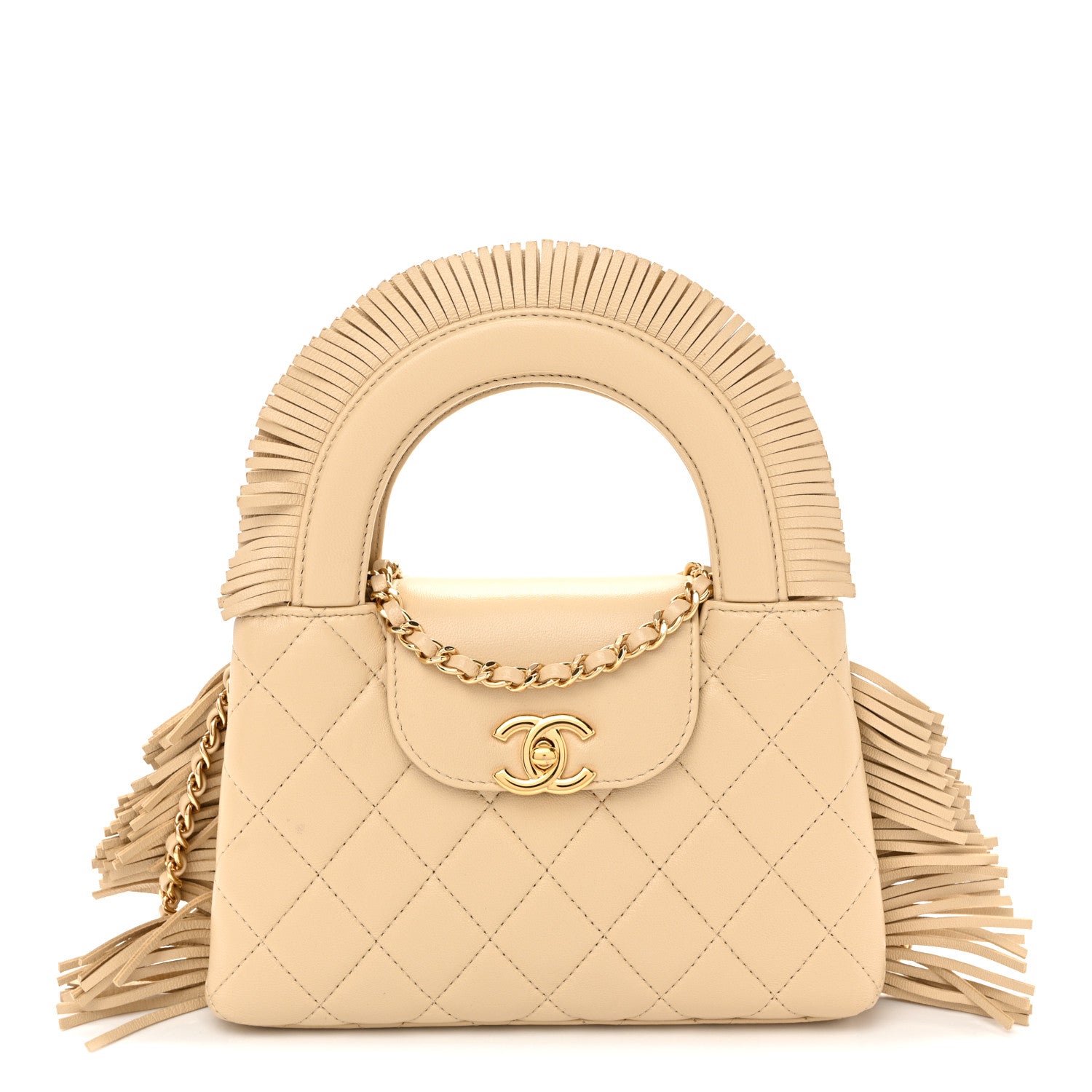 Lambskin Fringe Nano Kelly Shopper Beige