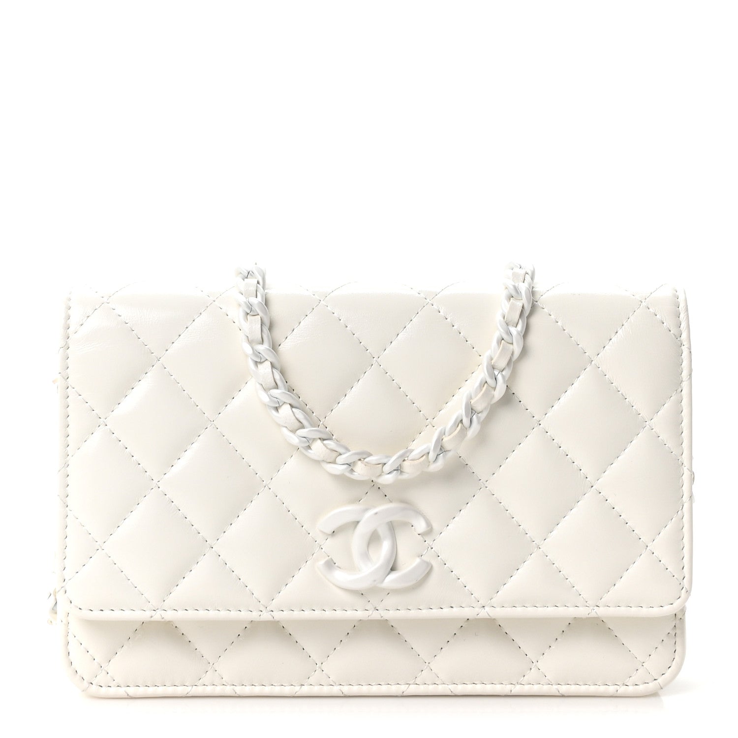 Shiny Lambskin Quilted Monochrome Wallet on Chain WOC White