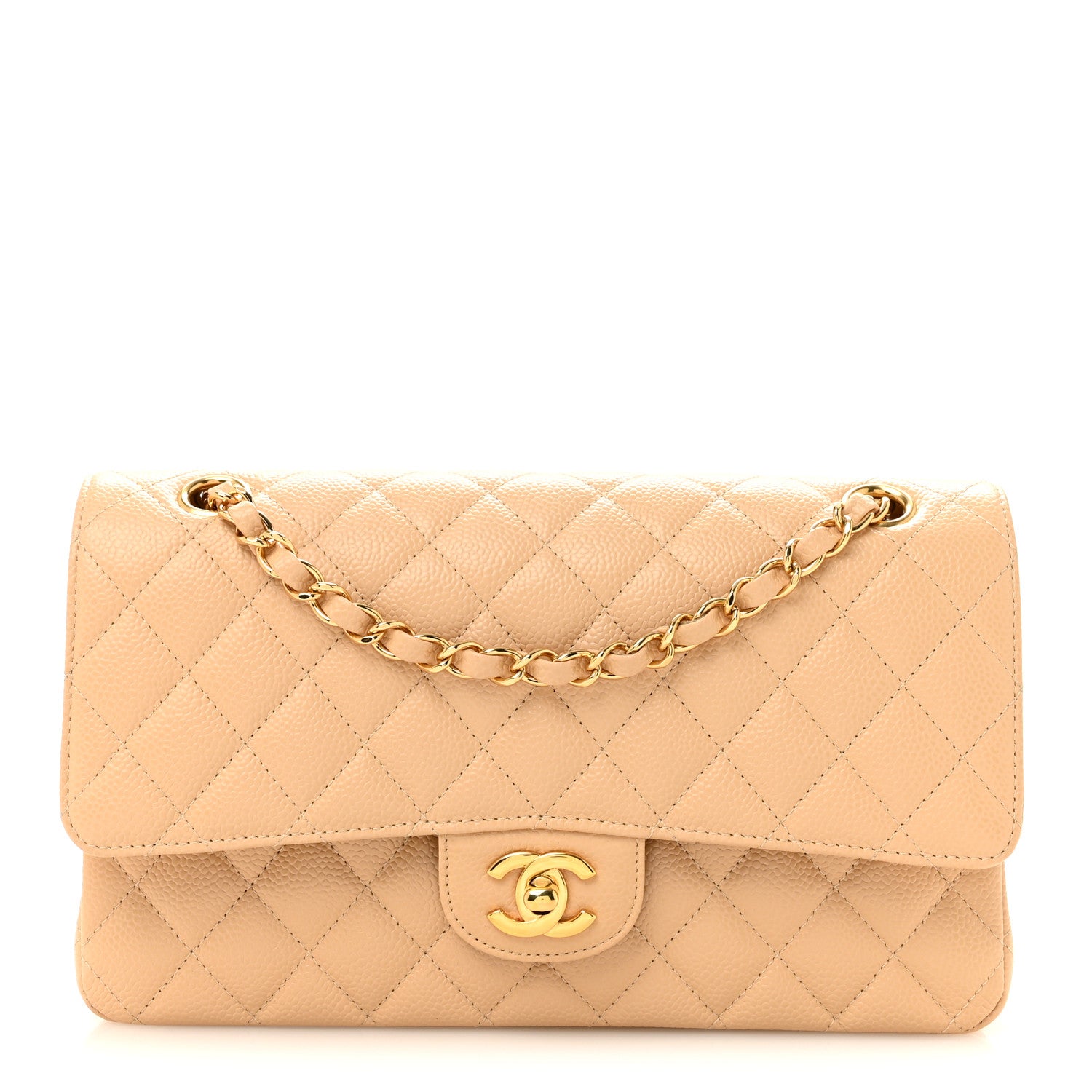 Caviar Quilted Medium Double Flap Beige