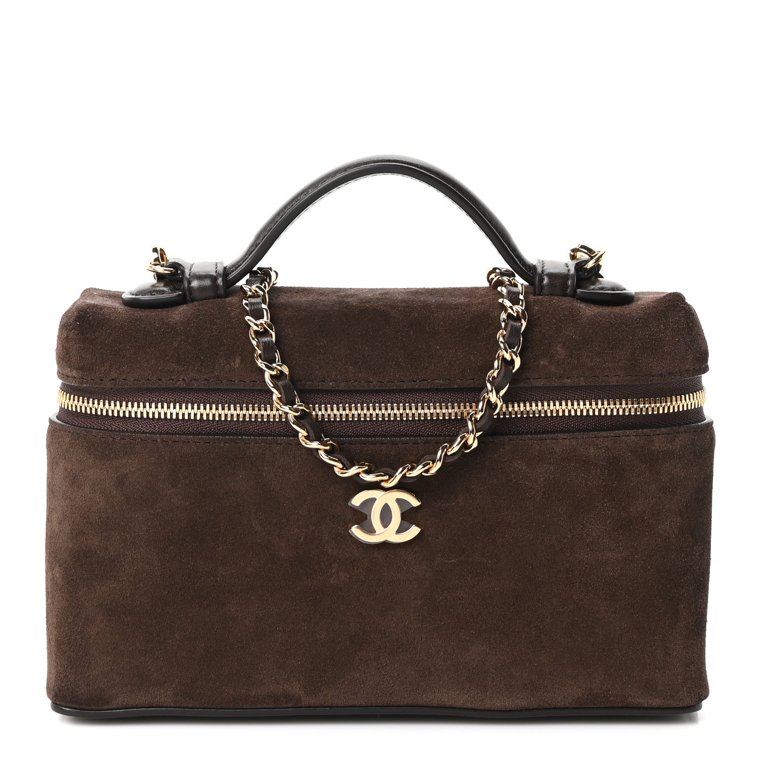 Suede Calfskin Small Supple Trapeze Vanity With Chain Dark Brown
