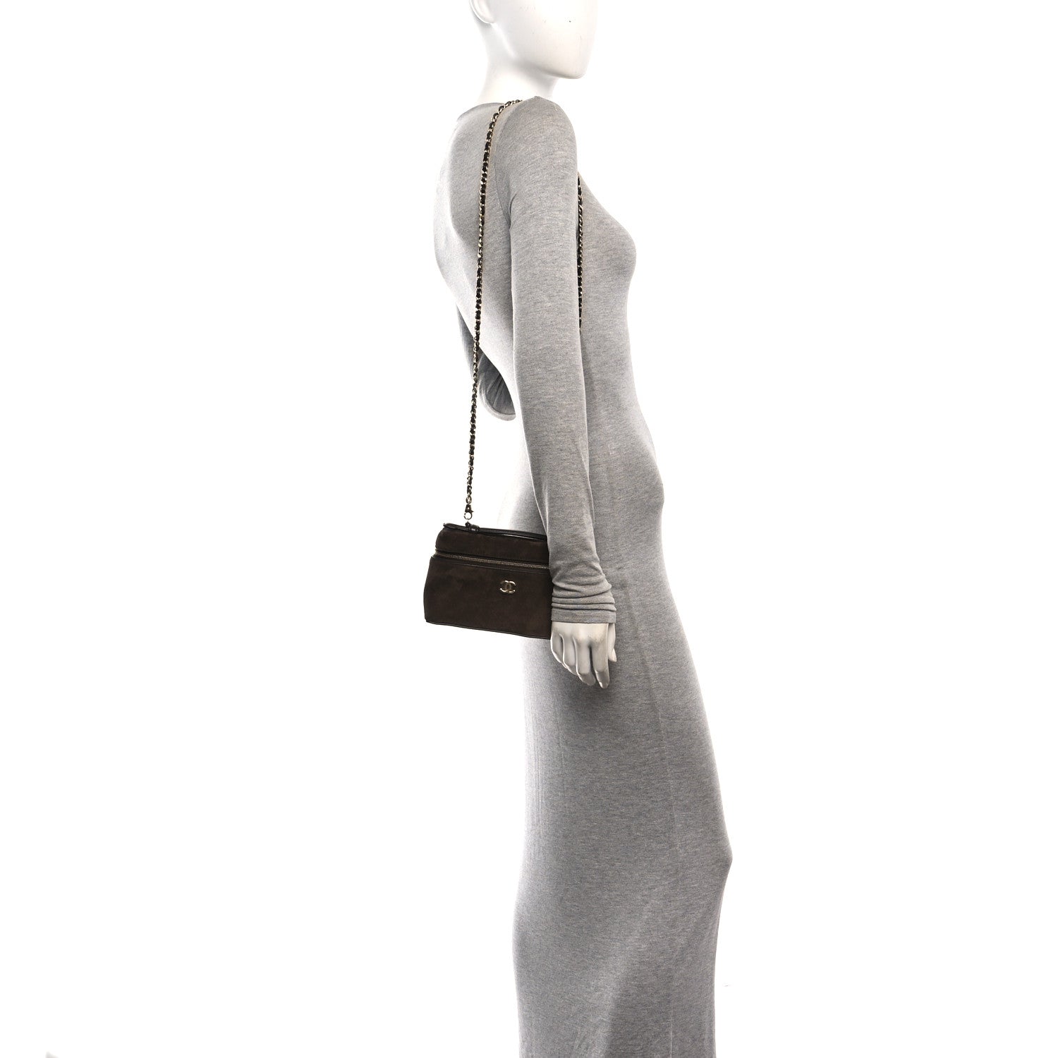 Suede Calfskin Small Supple Trapeze Vanity With Chain Dark Brown — view 2