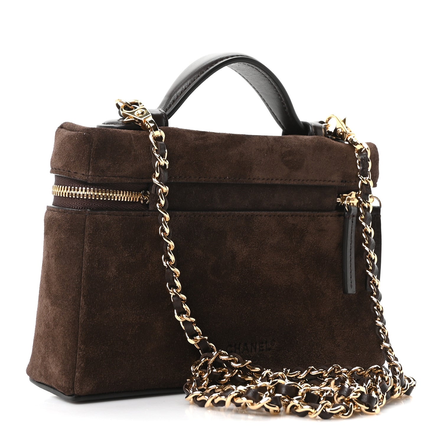 Suede Calfskin Small Supple Trapeze Vanity With Chain Dark Brown — view 3