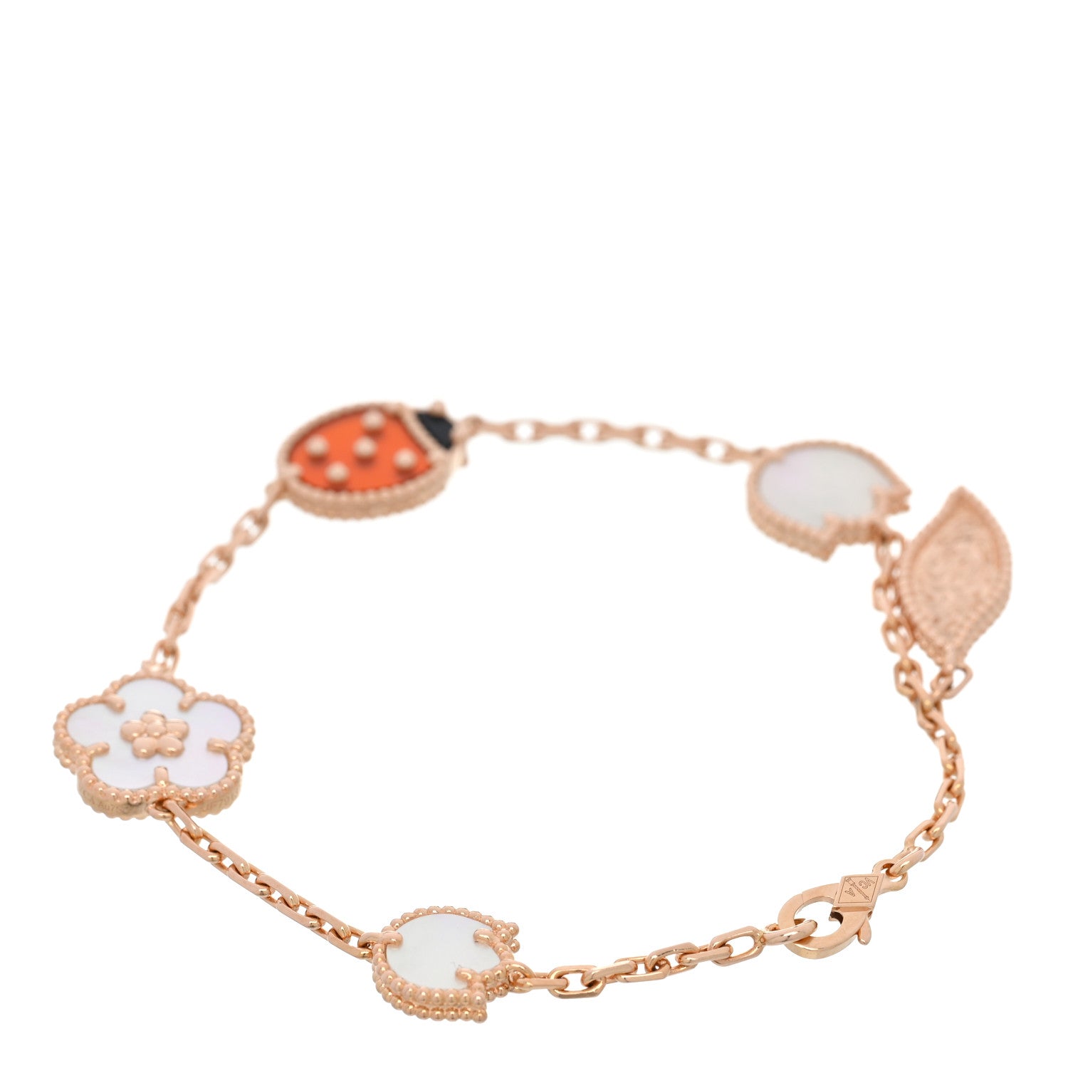 18K Rose Gold Carnelian Mother of Pearl Onyx 5 Motifs Lucky Spring Bracelet — view 2