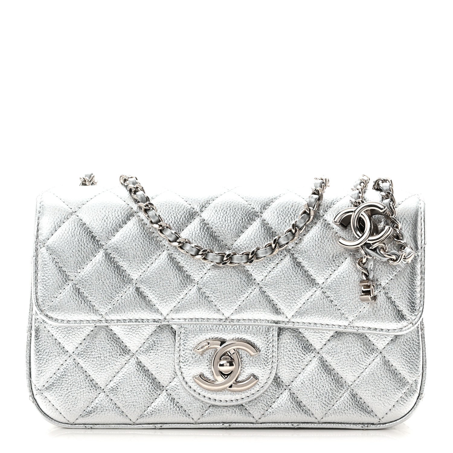 Metallic Caviar Quilted Mini Rectangular CC Slide Flap Silver