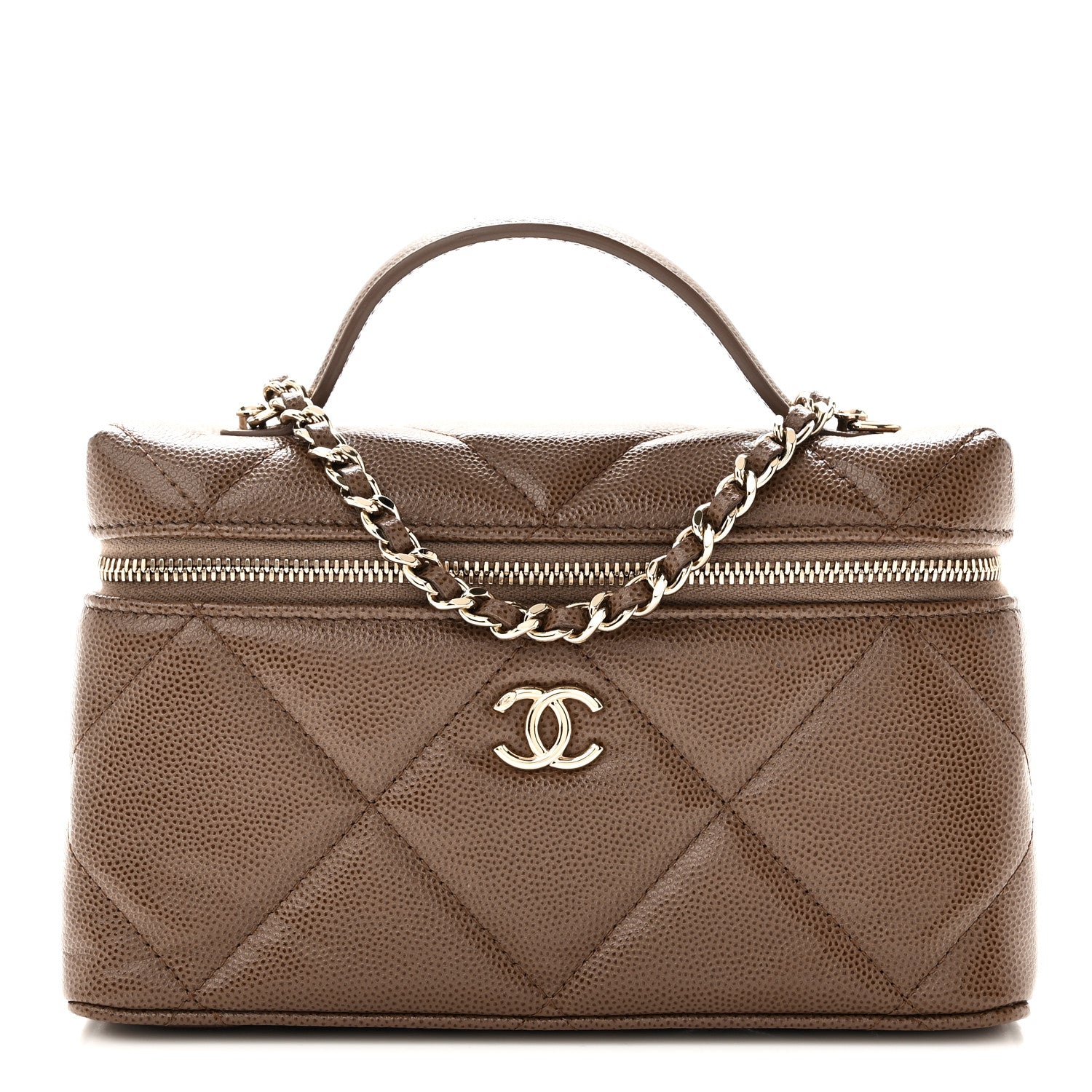 Caviar Quilted Top Handle Slim Vanity With Chain  Light Brown