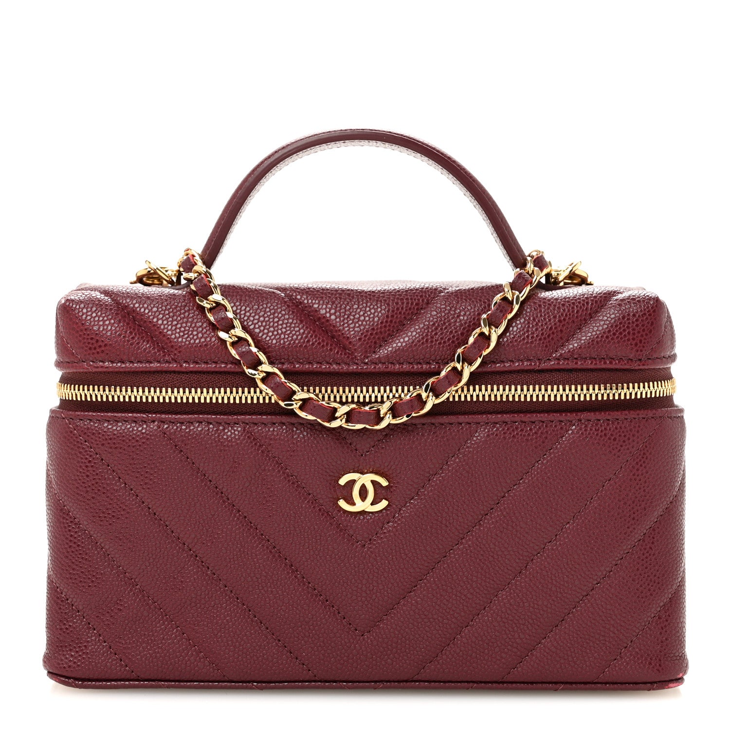 Shiny Caviar Quilted Sleek Chevron Vanity With Chain Burgundy