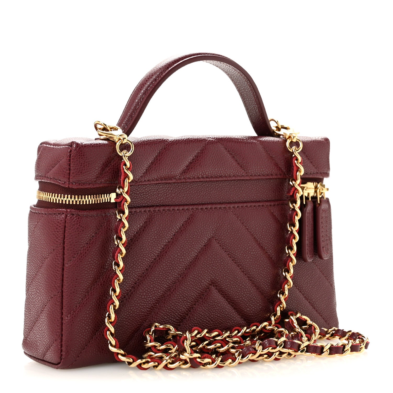 Shiny Caviar Quilted Sleek Chevron Vanity With Chain Burgundy — view 3