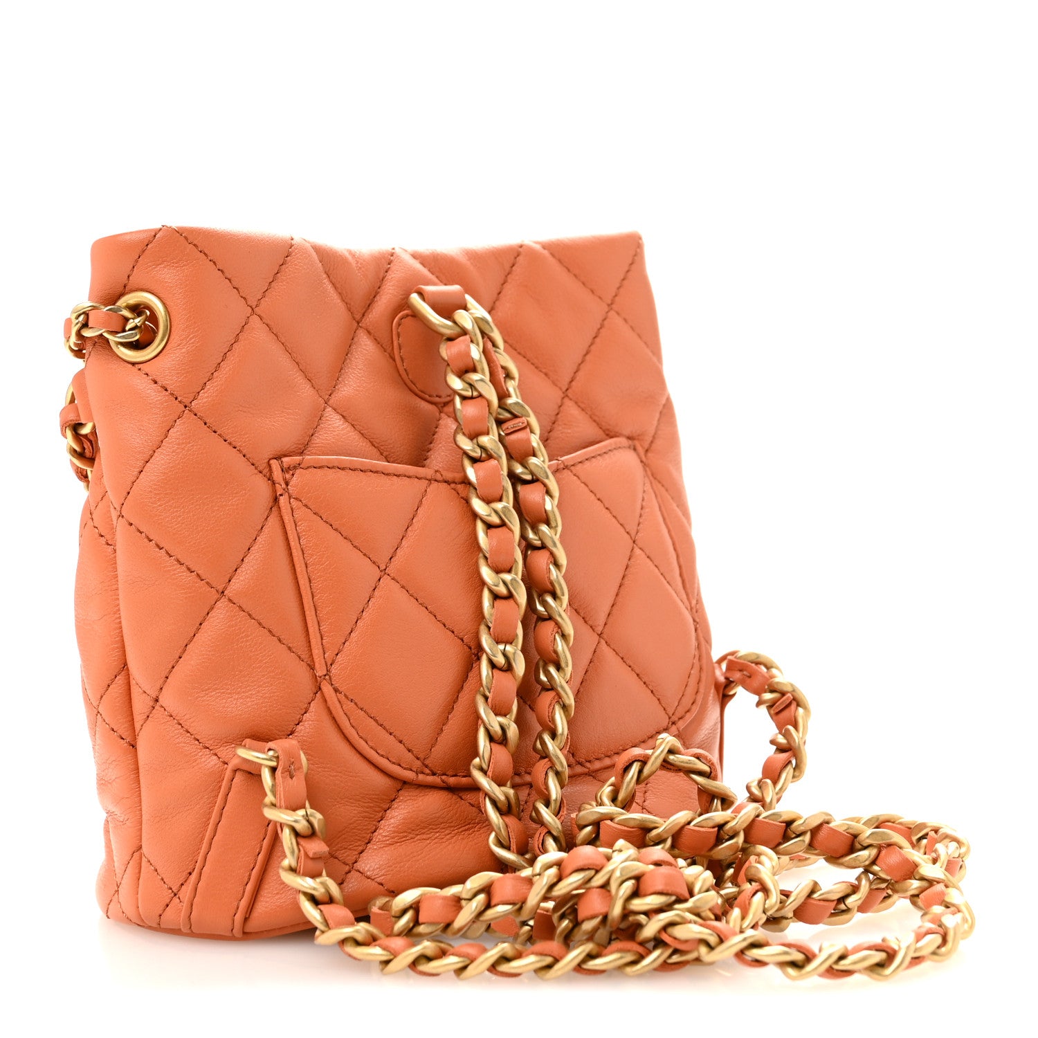 Calfskin Quilted Small CC Chain Bucket Backpack Orange — view 3
