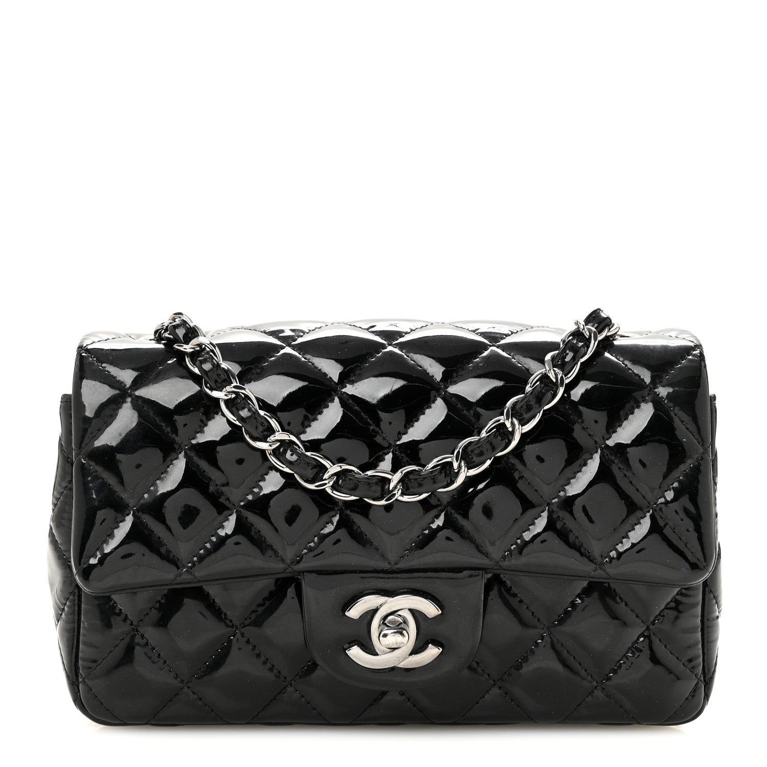 Patent Calfskin Quilted Mini Rectangular Flap Black