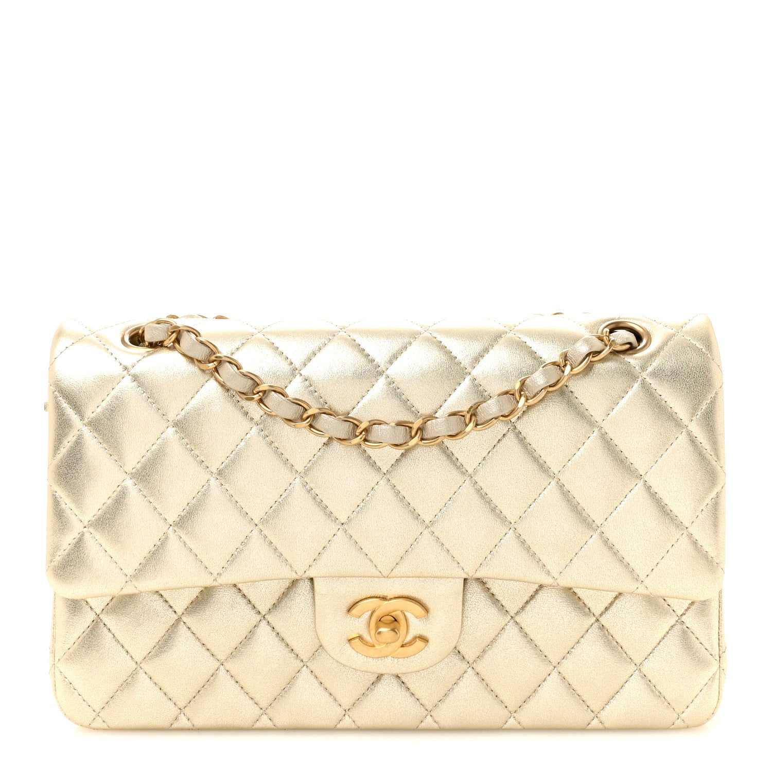Metallic Lambskin Quilted Medium Double Flap Gold