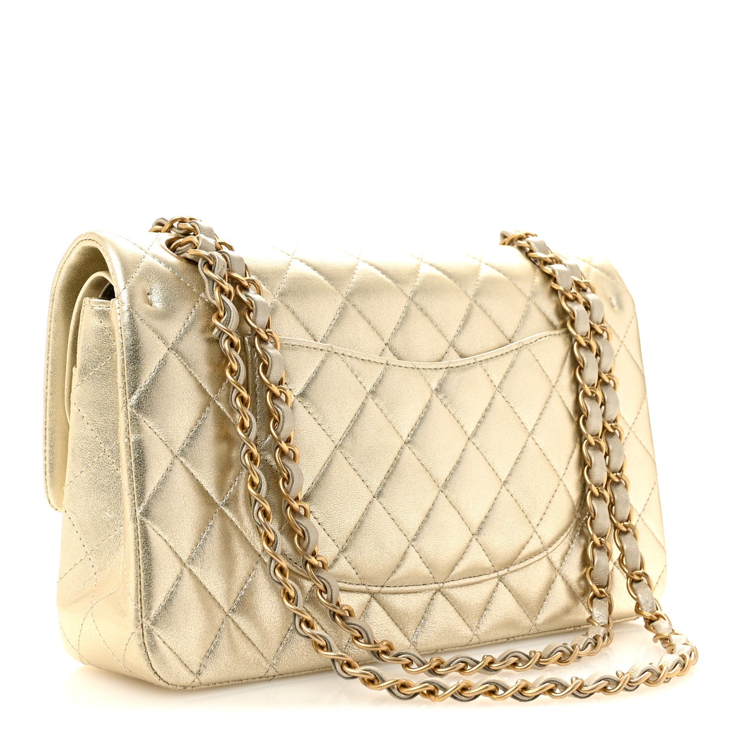 Metallic Lambskin Quilted Medium Double Flap Gold — view 3